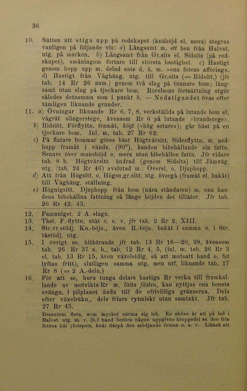 10. Sätten att stiga upp på redskapet (knähöjd el. mera) stegras vanligen på följande vis: a) Långsamt m. ett ben frän Halvst. utg. på marken, b) Långsamt från Gr.sits el. Sidsits (på red- skapet), småningom fortare till största hastighet, c) Hastigt genom hopp upp m. delad sats d. ä. m. »ena fotens afföring». cl) Hastigt från Yåghäng. utg. till Gr.sits (= Ridsitt.) (jfr tab. 14 Rr 26 anm.) genom två slag på tunnare bom; lång- samt utan slag på tjockare bom. Rörelsens fortsättning utgör således detsamma som i punkt. b. — Nedstigandet övas efter tämligen liknande grunder. 11. a) övningar liknande Rr 6, 7, 8, verkställda på lutande bom el. vågrät slingerstege, ävensom Rr 6 på lutande »brandstege». b) Ridsitt. Förflyttn. framåt, liögt (»hög sötare»); går bäst på en tjockare bom. Inl. m. tab. 27 Rr 62. c) På flatare bommar göres bäst Högtvärsitt. Sidesflyttn. m. ned- hopp framåt i vändn. (90°), handen bibehållande sin fattn. Senare över manshöjd o. mera utan bibehållen fattn. Jfr vidare tab. 8 b. Högtvärsitt. ändrad (genom Sidsits) till Järnväg, utg. (tab. 24 Rr 46) avslutad m.: Översl. o. Djuphopp. cl) Att från Högsitt. o. Högsn.gr.sitt. utg. övergå (framåt el. bakåt) till Yåghäng. ställning. e) Högnigsitt. Djuphopp från bom (nära ståndaren) m. ena han- dens bibehållna fattning så länge höjden det tillåter. Jfr tab. 26 Rr 42, 43. 12. Famnnigst. 2 A.-slagn. 13. Tåst. F.-flyttn. utåt o. s. v. jfr tab. 2 Rr 2, XIII. 14. Str.vr.stödj. Kn.-böjn., även R.-böjn. bakåt i samma o. i Str. tåstödj. utg. 15. I övrigt ss. hithörande jfr tab. 13 Rr 16—20, 28, ävensom tab. 26 Rr 37 a. b., tab. 12 Rr 4, 5, (inl. m. tab. 26 Rr 3 el. tab. 13 Rr 15, även växelsidig, så att motsatt hand o. fot lyftas fritt), slutligen samma utg. men utf. liknande tab. 17 Rr 8 (= 2 A.-deln.) 16. För att se, huru tunga delars hastiga Rr verka till framkal- lande av motvikts-Rr m. lätta fästen, kan nyttjas ena benets svängu. i pilplanet ända till de ofrivilliga gränserna. Dels efter växelräkn., dels friare rytmiskt utan samtakt. Jfr tab. 27 Rr 45. Dessutom flera, som mycket närma sig lek. En sådan är att på led i Halvst. utg. m. v. (h.) hand beröra någon uppgiven kroppsdel ss. den fria fölens häl (fotspets, knä) därpå den stödjande fotens o. s. v. Likaså att