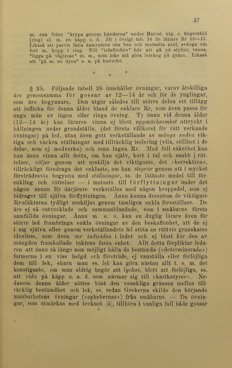 ro. ena foten “krypa genom händerna under Halvst, utg. o. fingerstöd (ring) el. m. en käpp o. d. Jfr i övrigt tab. 34 de lättare Rr 13—15. Likaså att parvis fatta kamratens ena ben och motsatta axel, svänga om fort m. hopp i ring. Till “tidsfördriv hör att gå på styltor, tunna, “ligga på våglin an “ m. m., som icke må göra intrång på gymn. Likaså att “gå m. en dyna e. a. på huvudet. * . * * § 25. följande tabell 26 innehåller övningar, varav åtskilliga äro gemensamma för gossar av 12—14 år och för de ynglingar, som äro begynnare. Den utgör således till större delen ett tillägg att inflicka för denna ålder bland de enklare Rr, som även passa för uuga män av ingen eller ringa övning. Ty ännu vid denna ålder (12—14 år) kan läraren vinna ej blott uppmärksamhet uttryckt i hållningen under grundställn. (det första villkoret för rätt verkande övningar) på led, utan även gott verkställande av många andra vik- tiga och vackra ställningar med tillräcklig isolering (vila, stillhet i de delar, som ej medverka) och rena lugna Rr. Med full säkerhet kan han ännu vinna allt detta, om han själv, kort i tal och snabb i rät- telser, väljer genom att urskilja det viktigaste, det »korrektiva», tillräckligt föredraga det enklaste, om han stegrar genom att i mycket företrädesvis begynna med ställningar, ss, de lättaste medel till för- enkling och rättelser — i motsats till förflyttningar under det någon annan Rr därjämte verkställes med någon kroppsdel, som ej bidrager till själva förflyttningen. Ännu kunna dessutom de viktigare Rr-släkterna tydligt urskiljas genom tämligen enkla föreställare. De äro ej så outvecklade och sammanblandade, som i småbarns första samfällda övningar. Ännu m. e. o. kan en duglig lärare även för större led frambringa enkla övningar av den beskaffenhet, att de ej i sig själva eller genom verkställandets fel stöta en rättvis granskares idealism, som även ser individen i ledet och ej blott hör den av mängden framkallade taktens fasta enhet. Allt detta förpliktar leda- ren att ännu så länge som möjligt hålla de bestämda (»determinerade») formerna i en viss helgd och företräde, ej vanställa eller förlöjliga dem till lek, ehuru man ss. lek kan göra nästan allt t. o. m. det konstigaste, om man aldrig begär att lyckas, blott att förlöjliga, ss. att rida på käpp o. a. d. som närmar sig till »karikatyrer». Ne- danom denna ålder sättes bäst den vanskliga gränsen mellan till- räcklig bestämdhet och lek, ss. redan Grekerna skilde den börjande manbarhetens övningar (»ephebernas») från småbarns. — De övnin- gar, som utmärkas med tecknet (ä), tillhöra i vanliga fall både gossar