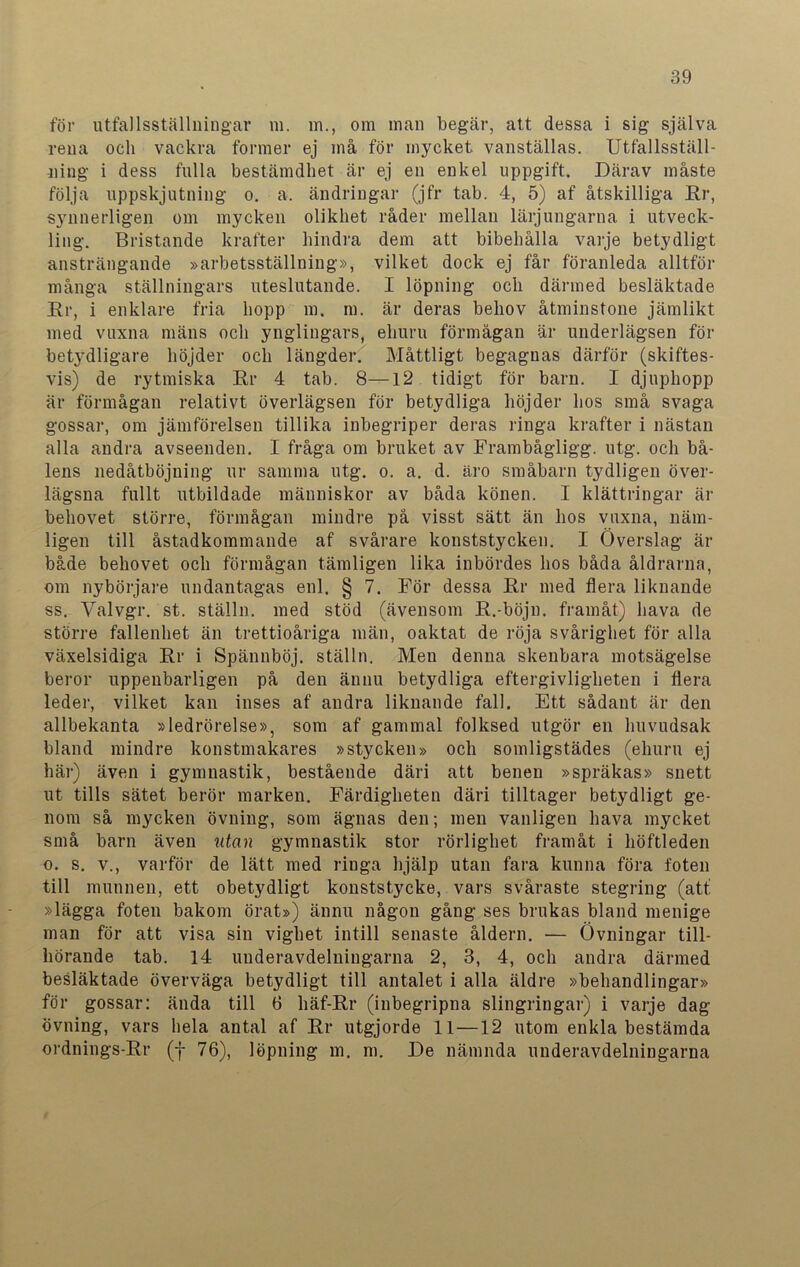 för utfa]Isställningar m. m., om man begär, att dessa i sig själva rena och vackra former ej må för mycket vanställas. Utfallsställ- ning i dess fulla bestämdhet är ej en enkel uppgift. Därav måste följa uppskjutning o. a. ändringar (jfr tab. 4, 5) af åtskilliga Rr, synnerligen om mycken olikhet råder mellan lärjungarna i utveck- ling. Bristande krafter hindra dem att bibehålla varje betydligt ansträngande »arbetsställning», vilket dock ej får föranleda alltför många ställningars uteslutande. I löpning och därmed besläktade Rr, i enklare fria hopp m. m. är deras behov åtminstone jämlikt med vuxna mäns och ynglingars, ehuru förmågan är underlägsen för betydligare höjder och längder. Måttligt begagnas därför (skiftes- vis) de rytmiska Rr 4 tab. 8—12 tidigt för barn. I djuphopp är förmågan relativt överlägsen för betydliga höjder hos små svaga gossar, om jämförelsen tillika inbegriper deras ringa krafter i nästan alla andra avseenden. I fråga om bruket av Frambågligg. utg. och bå- lens nedåtböjning ur samma utg. o. a. d. äro småbarn tydligen över- lägsna fullt utbildade människor av båda könen. I klättringar är behovet större, förmågan mindre på visst sätt än hos vuxna, näm- ligen till åstadkommande af svårare konststycken. I Överslag är både behovet och förmågan tämligen lika inbördes hos båda åldrarna, om nybörjare undantagas enl. § 7. För dessa Rr med flera liknande ss. Valvgr. st. ställn. med stöd (ävensom R.-böjn. framåt) hava de större fallenhet än trettioåriga män, oaktat de röja svårighet för alla växelsidiga Rr i Spännböj. ställn. Men denna skenbara motsägelse beror uppenbarligen på den ännu betydliga eftergivligheten i flera leder, vilket kan inses af andra liknande fall. Ett sådant är den allbekanta »ledrörelse», som af gammal folksed utgör en huvudsak bland mindre konstmakares »stycken» och somligstädes (ehuru ej här) även i gymnastik, bestående däri att benen »spräkas» snett ut tills sätet berör marken. Färdigheten däri tilltager betydligt ge- nom så mycken övning, som ägnas den; men vanligen hava mycket små barn även utan gymnastik stor rörlighet framåt i höftleden o. s. v., varför de lätt med ringa hjälp utan fara kunna föra foten till munnen, ett obetydligt konststycke, vars svåraste stegring (att »lägga foten bakom örat») ännu någon gång ses brukas bland menige man för att visa sin vighet intill senaste åldern. — Övningar till- hörande tab. 14 underavdelningarna 2, 3, 4, och andra därmed besläktade överväga betydligt till antalet i alla äldre »behandlingar» för gossar: ända till 6 liäf-Rr (inbegripna slingringar) i varje dag- övning, vars hela antal af Rr utgjorde 11 —12 utom enkla bestämda ordnings-Rr (f 76), löpning m. m. De nämnda underavdelningarna