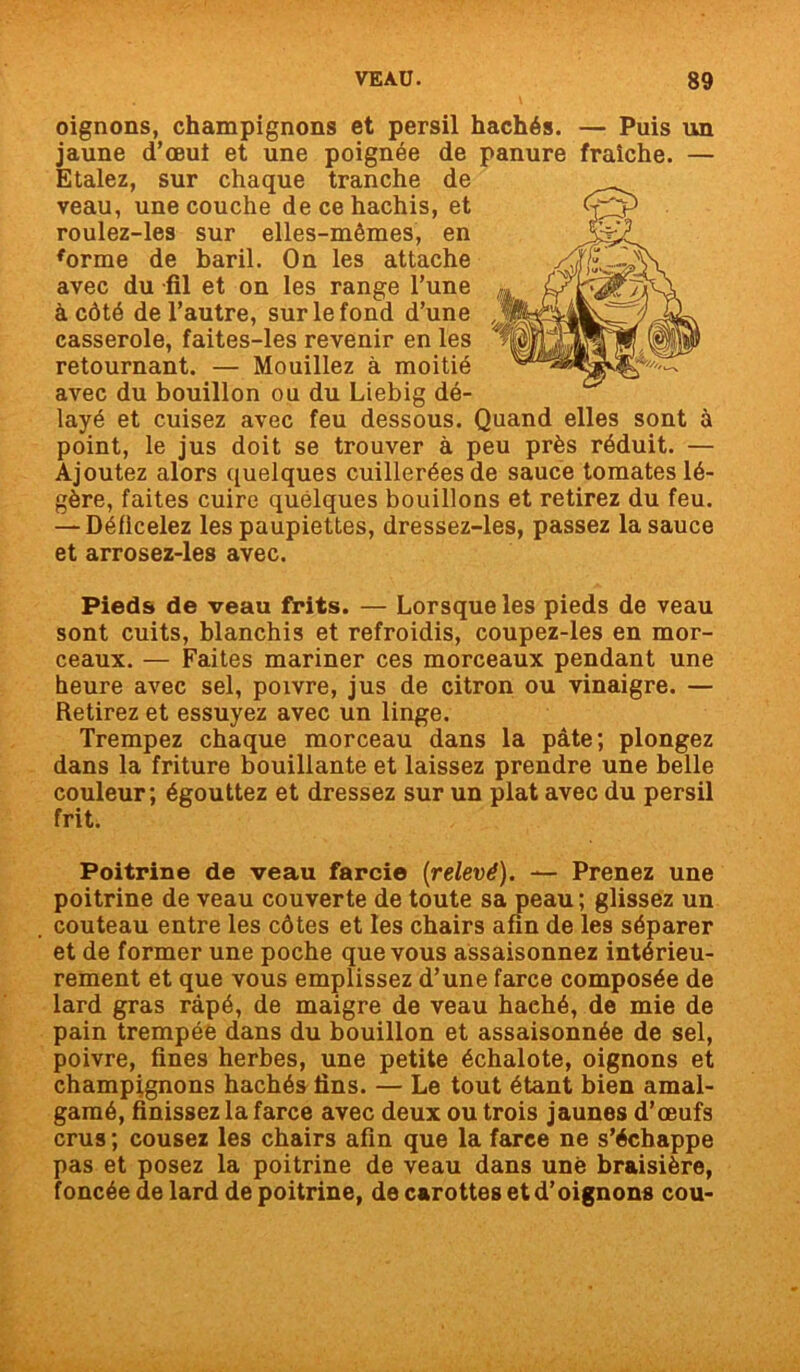 oignons, champignons et persil hachés. — Puis un jaune d’œuf et une poignée de panure fraîche. — Etalez, sur chaque tranche de veau, une couche de ce hachis, et roulez-les sur elles-mêmes, en forme de baril. On les attache avec du fil et on les range l’une à côté de l’autre, sur le fond d’une casserole, faites-les revenir en les retournant. — Mouillez à moitié avec du bouillon ou du Liebig dé- layé et cuisez avec feu dessous. Quand elles sont à point, le jus doit se trouver à peu près réduit. — Ajoutez alors quelques cuillerées de sauce tomates lé- gère, faites cuire quelques bouillons et retirez du feu. — Déficelez les paupiettes, dressez-les, passez la sauce et arrosez-les avec. Pieds de veau frits. — Lorsque les pieds de veau sont cuits, blanchis et refroidis, coupez-les en mor- ceaux. — Faites mariner ces morceaux pendant une heure avec sel, poivre, jus de citron ou vinaigre. — Retirez et essuyez avec un linge. Trempez chaque morceau dans la pâte; plongez dans la friture bouillante et laissez prendre une belle couleur; égouttez et dressez sur un plat avec du persil frit. Poitrine de veau farcie {relevé). — Prenez une poitrine de veau couverte de toute sa peau ; glissez un couteau entre les côtes et les chairs afin de les séparer et de former une poche que vous assaisonnez intérieu- rement et que vous emplissez d’une farce composée de lard gras râpé, de maigre de veau haehé, de mie de pain trempée dans du bouillon et assaisonnée de sel, poivre, fines herbes, une petite échalote, oignons et champignons hachés tins. — Le tout étant bien amal- gamé, finissez la farce avec deux ou trois jaunes d’œufs crus ; cousez les chairs afin que la farce ne s’échappe pas et posez la poitrine de veau dans une braisière, foncée de lard de poitrine, de carottes et d’oignons cou-