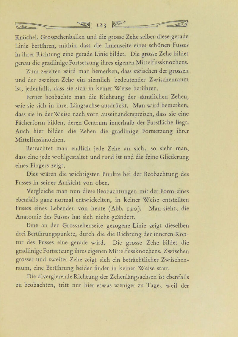 Knöchel, Grosszehenballen und die grosse Zehe selber diese gerade Linie berühren, mithin dass die Innenseite eines schönen Fusses in ihrer Richtung eine gerade Linie bildet. Die grosse Zehe bildet genau die gradlinige Fortsetzung ihres eigenen Mittelfussknochens. Zum zweiten wird man bemerken, dass zwischen der grossen und der zweiten Zehe ein ziemlich bedeutender Zwischenraum ist, jedenfalls, dass sie sich in keiner Weise berühren. Ferner beobachte man die Richtung der sämtlichen Zehen, wie sie sich in ihrer Längsachse ausdrückt. Man wird bemerken, dass sie in der Weise nach vorn auseinanderspreizen, dass sie eine Fächerform bilden, deren Centrum innerhalb der Fussfläche liegt. Auch hier bilden die Zehen die gradlinige Fortsetzung ihrer Mittelfussknochen. Betrachtet man endlich jede Zehe an sich, so sieht man, dass eine jede wohlgestaltet und rund ist und die feine Gliederung eines Fingers zeigt. Dies wären die wichtigsten Punkte bei der Beobachtung des Fusses in seiner Aufsicht von oben. Vergleiche man nun diese Beobachtungen mit der Form eines ebenfalls ganz normal entwickelten, in keiner Weise entstellten Fusses eines Lebenden von heute (Abb. 120). Man sieht, die Anatomie des Fusses hat sich nicht geändert. Eine an der Grosszehenseite gezogene Linie zeigt dieselben drei Berührungspunkte, durch die die Richtung der inneren Kon- tur des Fusses eine gerade wird. Die grosse Zehe bildet die gradlinige Fortsetzung ihres eigenen Mittelfussknochens. Zwischen grosser und zweiter Zehe zeigt sich ein beträchtlicher Zwischen- raum, eine Berührung beider findet in keiner Weise statt. Die divergierende Richtung der Zehenlängsachsen ist ebenfalls zu beobachten, tritt nur hier etwas weniger zu Tage, weil der