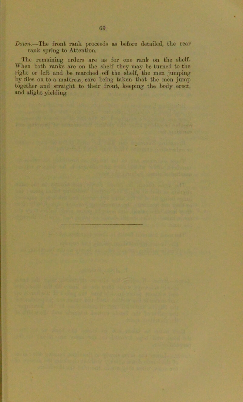 Loiim.—The front rank proceeds as Ixifore detailed, the rear rank spring to Attention, The remaining orders are as for one rank on the shelf. When both ranks are on the slielf they may be turned to the right or left and be marched off the shelf, the men jumping by files on to a mattress, care being taken that the men jump together and straight to their front, keeping the body erect, and alight yielding.