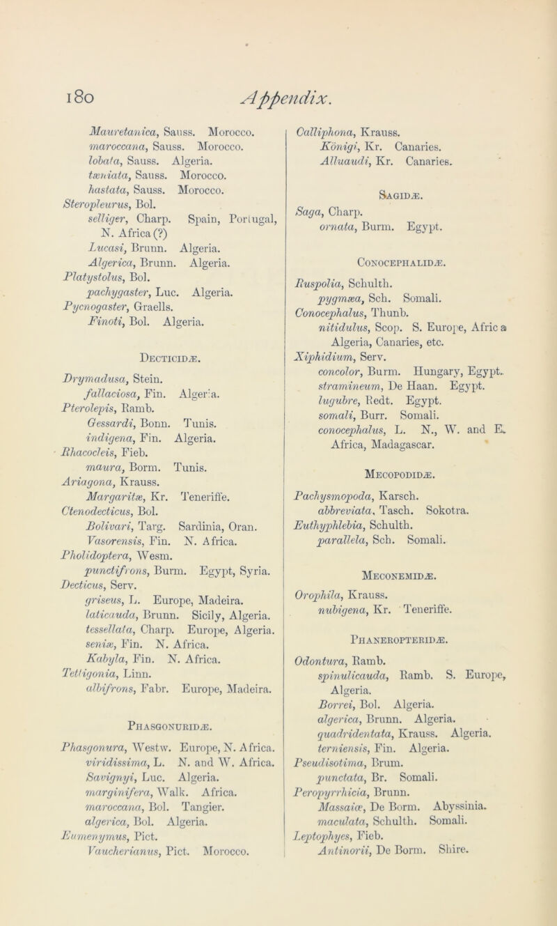 Mauretanica, Sauss. Morocco. maroccana, Sauss. Morocco. lobata, Sauss. Algeria. txniata, Sauss. Morocco. hastata, Sauss. Morocco. Steropleurus, Bol. selliger, Charp. Spain, Portugal, N. Africa (?) Liicctsi, Brunn. Algeria. Algericci, Brunn. Algeria. Platystolus, Bol. pachygaster, Luc. Algeria. Pycnogaster, Graells. Finoti, Bol. Algeria. Decticid.e. Drymadusa, Stein. fallaciosa, Fin. Algeria. Pterolepis, Ramb. Oessardi, Bonn. Tunis. indigena, Fin. Algeria. Bhacocleis, Fieb. maura, Borm. Tunis. Ariagona, Krauss. Margaritas, Kr. Teneriffe. Ctenodecticus, Bol. Bolivari, Targ. Sardinia, Oran. Vasorensis, Fin. N. Africa. Pholidoptera, Wesm. punctifrons, Bunn. Egypt, Syria. Decticus, Serv. griseus, L. Europe, Madeira. laticauda, Brunn. Sicily, Algeria. tessettata, Charp. Europe, Algeria. senix, Fin. N. Africa. Kabyla, Fin. N. Africa. Tettigonia, Linn. atbifrons, Fabr. Europe, Madeira. PlIASGONURID/E. Phasgonura, Westw. Europe, N. A frica. viridissima, L. N. and W. Africa. Savignyi, Luc. Algeria. marginifera, Walk. Africa. maroccana, Bol. Tangier. algerica, Bol. Algeria. Eumenymus, Piet. Vaucherianus, Piet. Morocco. Ccdliphona, Krauss. Konigi, Kr. Canaries. Atluaudi, Kr. Canaries. Sagidje. /Sa^a, Charp. ornata, Bunn. Egypt. CONOCEPHALIDiE. Puspolia, Schulth. pygmxa, Sch. Somali. Conocephalus, Thunb. nitidulus, Scop. S. Europe, Afric a Algeria, Canaries, etc. Xiphidium, Serv. concolor, Burrn. Hungary, Egypt.. stramineum, He Haan. Egypt. lugubre, Redt. Egypt. somali, Burr. Somali. conocephalus, L. N., W. and EL Africa, Madagascar. MECOPODIDiE. Pachysmopoda, Karsch. abbreviata, Tasch. Sokotra. Euthyplilebia, Schulth. parallela, Sch. Somali. MECONEMID.E. Oroplvila, Krauss. nubigena, Kr. Teneriffe. Pjianeropterid.e. Odontura, Ramb. spinulicauda, Ramb. S. Europe, Algeria. Borrei, Bol. Algeria. algerica, Brunn. Algeria. quadridentata, Krauss. Algeria. terniensis, Fin. Algeria. Pseudisotima, Brum. punctata, Br. Somali. Peropyrrhicia, Brunn. Massaice, De Borm. Abyssinia. maculata, Schulth. Somali. Leptophyes, Fieb. Antinorii, He Bonn. Shire.