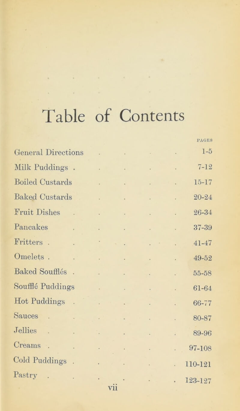 Table of Contents PAGES General Directions 1-5 Milk Puddings . 7-12 Boiled Custards 15-17 Baked Custards 20-24 Fruit Dishes 26-34 Pancakes 37-39 Fritters . 41-47 Omelets .... 49-52 Baked Souffles . 55-58 Souffle Puddings 61-64 Hot Puddings . 66-77 Sauces .... 80-87 Jellies .... 89-96 Creams .... 97-108 Cold Puddings . 110-121 Pastry . 123-127