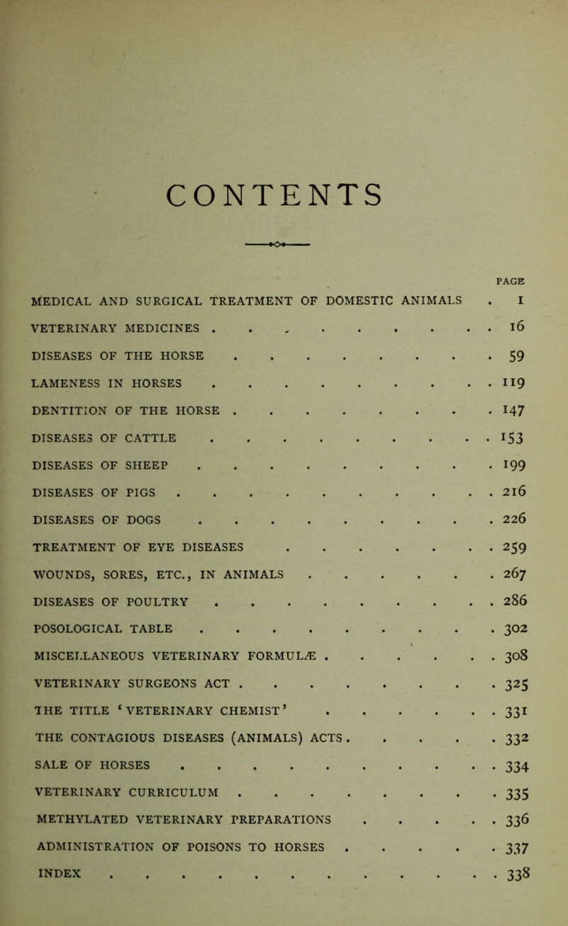 CONTENTS PAGE MEDICAL AND SURGICAL TREATMENT OF DOMESTIC ANIMALS . I VETERINARY MEDICINES l6 DISEASES OF THE HORSE 59 LAMENESS IN HORSES 119 DENTITION OF THE HORSE 147 DISEASES OF CATTLE 153 DISEASES OF SHEEP 199 DISEASES OF PIGS . . 216 DISEASES OF DOGS 226 TREATMENT OF EYE DISEASES 259 WOUNDS, SORES, ETC., IN ANIMALS 267 DISEASES OF POULTRY 286 POSOLOGICAL TABLE 302 MISCELLANEOUS VETERINARY FORMULA 308 VETERINARY SURGEONS ACT 325 THE TITLE ‘VETERINARY CHEMIST* 33I THE CONTAGIOUS DISEASES (ANIMALS) ACTS 332 SALE OF HORSES 334 VETERINARY CURRICULUM 335 METHYLATED VETERINARY PREPARATIONS 336 ADMINISTRATION OF POISONS TO HORSES 337 INDEX 338