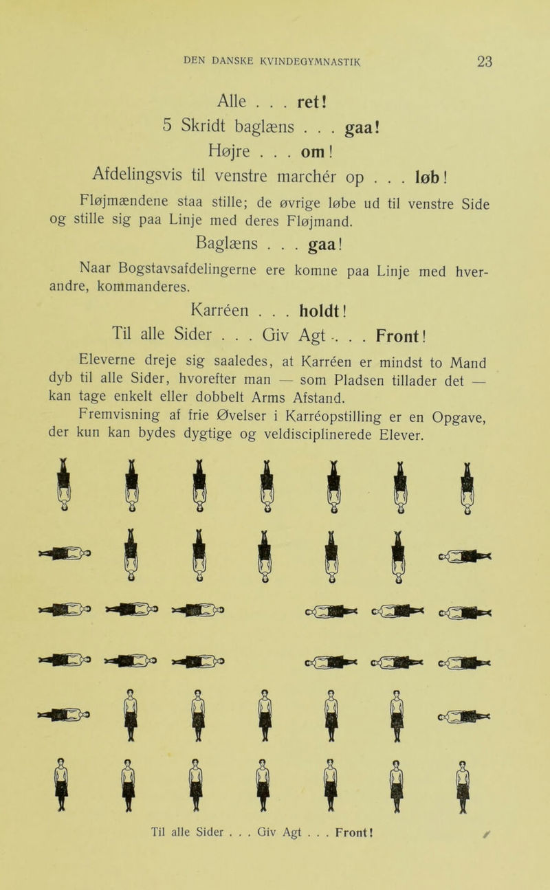 Alle . . . ret! 5 Skridt baglæns . . . gaa! Højre . . . om! Afdelingsvis til venstre marchér op . . . løb! Fløjmændene staa stille; de øvrige løbe ud til venstre Side og stille sig paa Linje med deres Fløjmand. Baglæns . . . gaa! Naar Bogstavsafdelingerne ere komne paa Linje med hver- andre, kommanderes. Karréen . . . holdt! Til alle Sider . . . Giv Agt -. . . Front! Eleverne dreje sig saaledes, at Karréen er mindst to Mand dyb til alle Sider, hvorefter man — som Pladsen tillader det — kan tage enkelt eller dobbelt Arms Afstand. Fremvisning af frie Øvelser i Karréopstilling er en Opgave, der kun kan bydes dygtige og veldisciplinerede Elever. Til alle Sider . . . Giv Agt . . . Front! /