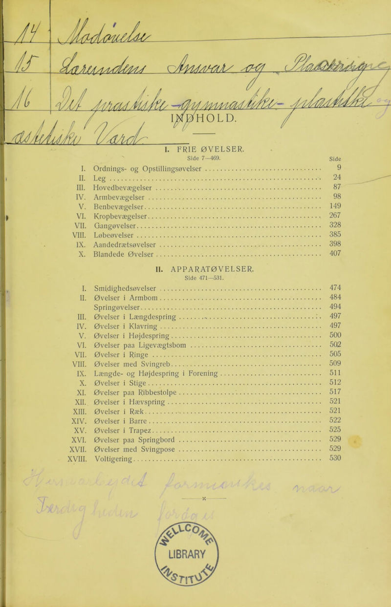 Side 7—469. Side I. Ordnings- og Opstillingsøvelser 9 t II. Leg 24 III. Hovedbevægelser 87 IV. Armbevægelser 98 V. Benbevægelser 149 I VI. Kropbevægelser 267 VII. Gangøvelser 328 VIII. Løbeøvelser 385 IX. Aandedrætsøvelser 398 X. Blandede Øvelser 407 II. APPARATØVELSER. Side 471—531. I. Smidighedsøvelser 474 II. Øvelser i Armbom 484 Springøvelser 494 III. Øvelser i Længdespring - • 497 IV. Øvelser i Klavring 497 V. Øvelser i Højdespring 500 VI. Øvelser paa Ligevægtsbom 502 VIL Øvelser i Ringe 505 VIII. Øvelser med Svingreb 509 IX. Længde- og Højdespring i Forening 511 X. Øvelser i Stige 512 XI. Øvelser paa Ribbestolpe 517 XII. Øvelser i Hævspring ; 521 XIII. Øvelser i Ræk ■ 521 XIV. Øvelser i Barre 522 XV. Øvelser i Trapez 525 XVI. Øvelser paa Springbord 529 XVII. Øvelser med Svingpose 529 XVIII. Voltigering 530 f % X A