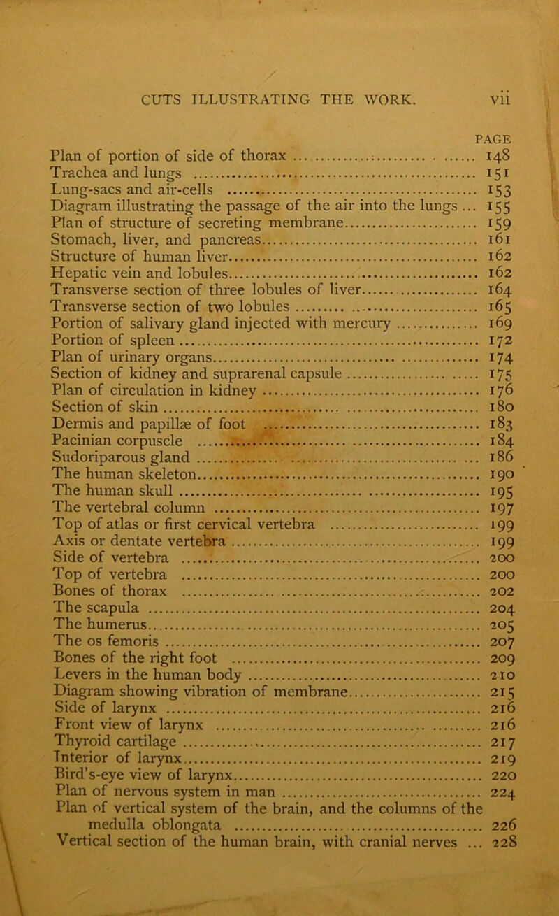 / CUTS ILLUSTRATING THE WORK. vii PAGE Plan of portion of side of thorax 148 Trachea and lungs 151 Lung-sacs and air-cells : 153 Diagram illustrating the passage of the air into the lungs ... 155 Plan of structure of secreting membrane 159 Stomach, liver, and pancreas 161 Structure of human liver 162 Hepatic vein and lobules 162 Transverse section of three lobules of liver 164 Transverse section of two lobules 165 Portion of salivary gland injected with mercury 169 Portion of spleen 172 Plan of urinary organs 174 Section of kidney and suprarenal capsule 175 Plan of circulation in kidney 176 Section of skin 180 Dermis and papillae of foot 183 Pacinian corpuscle 184 Sudoriparous gland 186 The human skeleton 190 The human skull 195 The vertebral column 197 Top of atlas or first cervical vertebra 199 Axis or dentate vertebra 199 Side of vertebra ; .A... 200 Top of vertebra 200 Bones of thorax - 202 The scapula 204 The humerus 205 The os femoris 207 Bones of the right foot 209 Levers in the human body 210 Diagram showing vibration of membrane 215 Side of larynx 216 Front view of larynx 216 Thyroid cartilage 217 Interior of larynx 219 Bird’s-eye view of larynx 220 Plan of nervous system in man 224 Plan of vertical system of the brain, and the columns of the medulla oblongata 226 Vertical section of the human brain, with cranial nerves ... 228