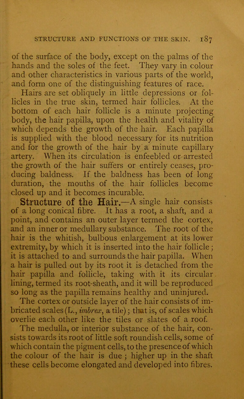 of the surface of the body, except on the palms of the hands and the soles of the feet. They vary in colour and other characteristics in various parts of the world, and form one of the distinguishing features of race. Hairs are set obliquely in little depressions or fol- licles in the true skin, termed hair follicles. At the bottom of each hair follicle is a minute projecting body, the hair papilla, upon the health and vitality of which depends the growth of the hair. Each papilla is supplied with the blood necessary for its nutrition and for the growth of the hair by a minute capillary artery. When its circulation is enfeebled or arrested the growth of the hair suffers or entirely ceases, pro- ducing baldness. If the baldness has been of long duration, the mouths of the hair follicles become closed up and it becomes incurable. Structure of the Hair.—A single hair consists of a long conical fibre. It has a root, a shaft, and a point, and contains an outer layer termed the cortex, and an inner or medullary substance. The root of the hair is the whitish, bulbous enlargement at its lower extremity, by which it is inserted into the hair follicle; it is attached to and surrounds the hair papilla. When a hair is pulled out by its root it is detached from the hair papilla and follicle, taking with it its circular lining, termed its root-sheath, and it will be reproduced so long as the papilla remains healthy and uninjured. The cortex or outside layer of the hair consists of im- bricated scales (L., imbrex, a tile); that is, of scales which overlie each other like the tiles or slates of a roof. The medulla, or interior substance of the hair, con- sists towards its root of little soft roundish cells, some of which contain the pigment cells, to the presence of which the colour of the hair is due ; higher up in the shaft these cells become elongated and developed into fibres.