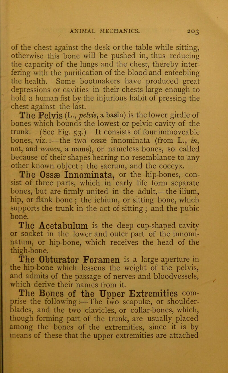 of the chest against the desk or the table while sitting, otherwise this bone will be pushed in, thus reducing the capacity of the lungs and the chest, thereby inter- fering with the purification of the blood and enfeebling the health. Some bootmakers have produced great depressions or cavities in their chests large enough to hold a human fist by the injurious habit of pressing the chest against the last. The Pelvis (L., pelvis, a basin) is the lower girdle of bones which bounds the lowest or pelvic cavity of the trunk. (See Fig. 53.) It consists of four immoveable bones, viz.:—the two ossse innominata (from L., in, not, and nomen, a name), or nameless bones, so called because of their shapes bearing no resemblance to any other known object; the sacrum, and the coccyx. The Ossae Innominata, or the hip-bones, con- sist of three parts, which in early life form separate bones, but are firmly united in the adult,—the ilium, hip, or flank bone; the ichium, or sitting bone, which supports the trunk in the act of sitting; and the pubic bone. The Acetabulum is the deep cup-shaped cavity or socket in the lower and outer part of the innomi- natum, or hip-bone, which receives the head of the thigh-bone. The Obturator Foramen is a large aperture in the hip-bone which lessens the weight of the pelvis, and admits of the passage of nerves and bloodvessels, which derive their names from it. The Bones of the Upper Extremities com- prise the following:—The two scapulae, or shoulder- blades, and the two clavicles, or collar-bones, which, though forming part of the trunk, are usually placed among the bones of the extremities, since it is by means of these that the upper extremities are attached