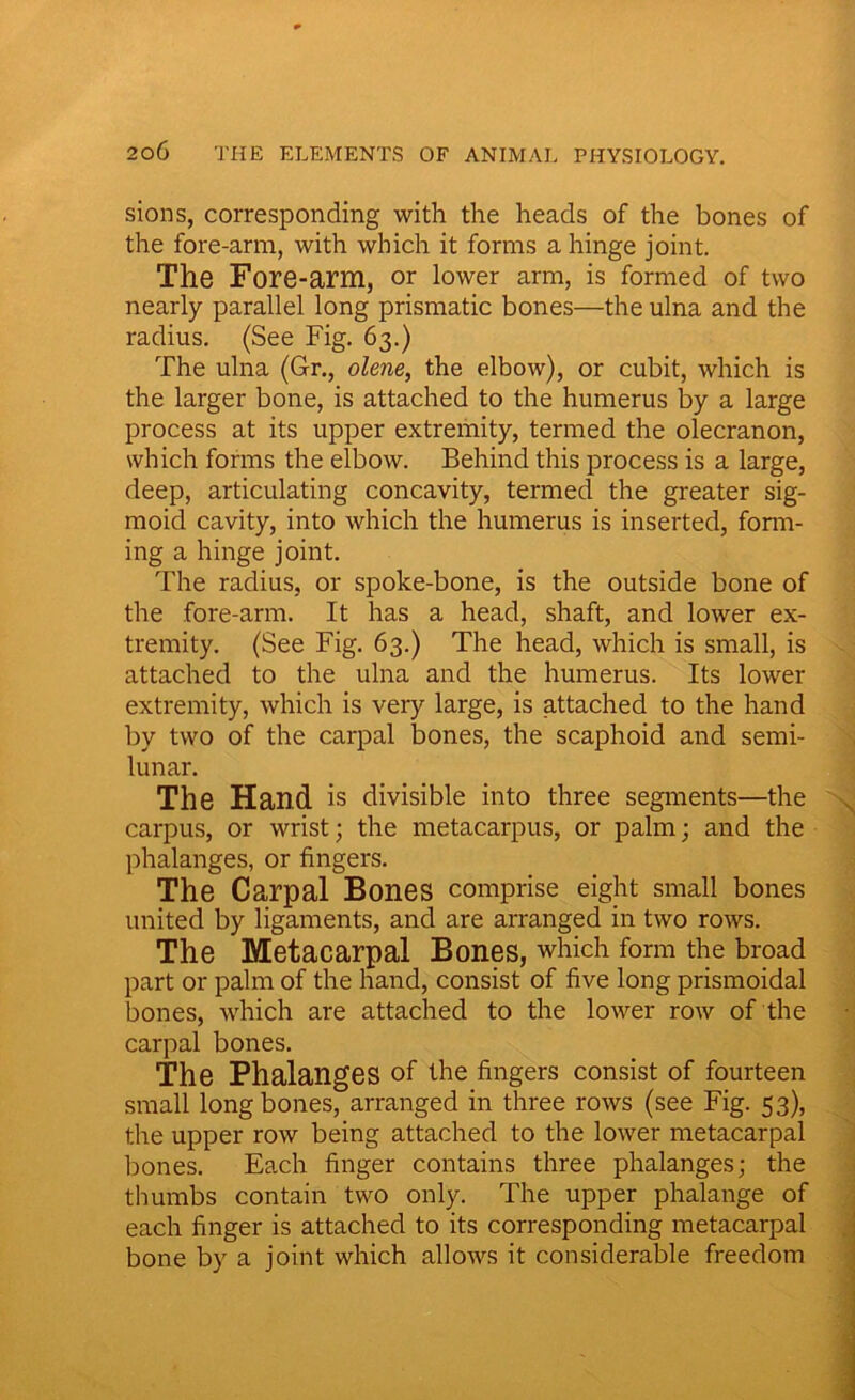 sions, corresponding with the heads of the bones of the fore-arm, with which it forms a hinge joint. The Fore-arm, or lower arm, is formed of two nearly parallel long prismatic bones—the ulna and the radius. (See Fig. 63.) The ulna (Gr., olene, the elbow), or cubit, which is the larger bone, is attached to the humerus by a large process at its upper extremity, termed the olecranon, which forms the elbow. Behind this process is a large, deep, articulating concavity, termed the greater sig- moid cavity, into which the humerus is inserted, form- ing a hinge joint. The radius, or spoke-bone, is the outside bone of the fore-arm. It has a head, shaft, and lower ex- tremity. (See Fig. 63.) The head, which is small, is attached to the ulna and the humerus. Its lower extremity, which is very large, is attached to the hand by two of the carpal bones, the scaphoid and semi- lunar. The Hand is divisible into three segments—the carpus, or wrist; the metacarpus, or palm; and the phalanges, or fingers. The Carpal Bones comprise eight small bones united by ligaments, and are arranged in two rows. The Metacarpal Bones, which form the broad part or palm of the hand, consist of five long prismoidal bones, which are attached to the lower row of the carpal bones. The Phalanges Of the fingers consist of fourteen small long bones, arranged in three rows (see Fig. 53), the upper row being attached to the lower metacarpal bones. Each finger contains three phalanges; the thumbs contain two only. The upper phalange of each finger is attached to its corresponding metacarpal bone by a joint which allows it considerable freedom