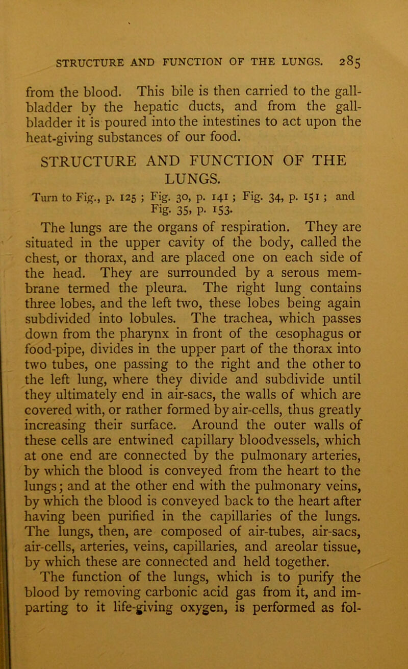 from the blood. This bile is then carried to the gall- bladder by the hepatic ducts, and from the gall- bladder it is poured into the intestines to act upon the heat-giving substances of our food. STRUCTURE AND FUNCTION OF THE LUNGS. Turn to Fig., p. 125 ; Fig. 30, p. 141 ; Fig. 34, p. 151 ; and Fig- 35. P- 153. The lungs are the organs of respiration. They are situated in the upper cavity of the body, called the chest, or thorax, and are placed one on each side of the head. They are surrounded by a serous mem- brane termed the pleura. The right lung contains three lobes, and the left two, these lobes being again subdivided into lobules. The trachea, which passes down from the pharynx in front of the oesophagus or food-pipe, divides in the upper part of the thorax into two tubes, one passing to the right and the other to the left lung, where they divide and subdivide until they ultimately end in air-sacs, the walls of which are covered with, or rather formed by air-cells, thus greatly increasing their surface. Around the outer walls of these cells are entwined capillary bloodvessels, which at one end are connected by the pulmonary arteries, by which the blood is conveyed from the heart to the lungs; and at the other end with the pulmonary veins, by which the blood is conveyed back to the heart after having been purified in the capillaries of the lungs. The lungs, then, are composed of air-tubes, air-sacs, air-cells, arteries, veins, capillaries, and areolar tissue, by which these are connected and held together. The function of the lungs, which is to purify the blood by removing carbonic acid gas from it, and im- parting to it life-giving oxygen, is performed as fol-