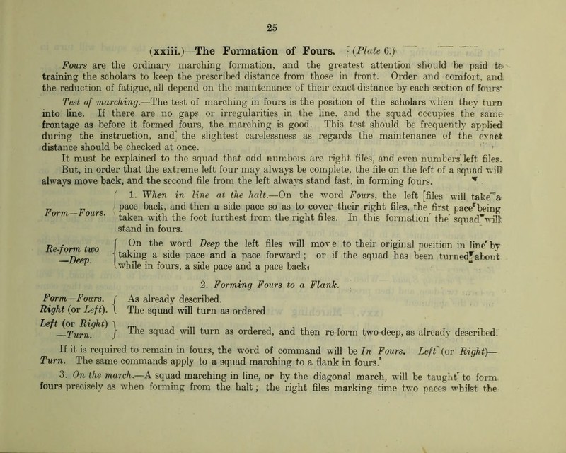 (xxiii.)—The Formation of Fours. ■ {Pkde 6.)' Fours are the ordinary marching formation, and the greatest attention should he paid tC' training the scholars to keep the prescribed distance from those in front. Order and comfort, and the reduction of fatigue, all depend on the maintenance of their exact distance by each section of fours’ Test of marching.—The test of marchuig m fours is the position of the scholars 'u hen they turn into line. If there are no gaps or ii’regularities in the line, and the squad occupies the same frontage as before it formed fours, the marching is good. This test should be frequently applied during the instruction, and' the slightest carelessness as regards the maintenance of the exact distance should be checked at once. * It must be explained to the squad that odd numbers are right files, and even niimbers left files. But, in order that the extreme left four may always be comjdete, the file on the left of a squad will always move back, and the second file from the left always stand fast, in forming fours. ^ Form —Fours. Re-form two —Deep. f 1. When in line at the halt.—On the word Fours, the left [files will take'^a pace back, and then a side pace so as to cover their right files, the first pace*^being taken with the foot furthest from the right files. In this formation' the’ squad'^will stand in fours. (On the word Deep the left files will move to their original position in line'by taking a side pace and a pace forward; or if the squad has been turned^about while in fours, a side pace and a pace backt Form—Fours. / Right (or Left). I Left (or Right) ) —Turn. / 2. Forming Fours to a Flank. As already described. The squad will turn as ordered The squad will turn as ordered, and then re-form two-deep, as already described;' If it is required to remain in fours, the word of command will be In Fours. Left {or Right)— Turn. The same commands apply to a squad marching to a flank in fours.'' 3. On the march.—A squad marching in line, or by the diagonal march, will be taught' to form fours precisely as when forming from the halt; the right files marking time two paces whilst the