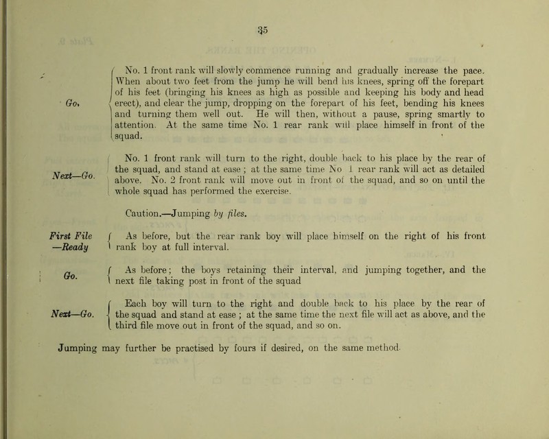 Go, Next—Go. First File —Ready Go. Next—Go. No. 1 front rank will slowly commence running and gradually increase the pace. When about two feet from the jump he will bend liis knees, spring off the forepart of his feet (bringing his knees as high as possible and keeping his body and head / erect), and clear the jump, dropping on the forepart of his feet, bending his knees and turning them well out. He will then, without a pause, spring smartly to attention. At the same time No. 1 rear rank will place himself in front of the ( No. 1 front rank will turn to the right, double liack to his place by the rear of j the squad, and stand at ease ; at the same time No i rear rank will act as detailed above. No. 2 front rank will move out in front of the squad, and so on until the ■ whole squad has performed the exercise. Caution.—Jumping by files. / As before, but the rear rank boy will place himself on the right of his front 1 rank Ixiy at full interval. ( As before; the boys retaining their interval, and jumping together, and the \ next file taking post in front of the squad (Each boy will turn to the right and double back to his place by the rear of the squad and stand at ease ; at the same time the next file will act as above, and the third file move out in front of the squad, and so on. Jumping may further be practised by fours if desired, on the same method-