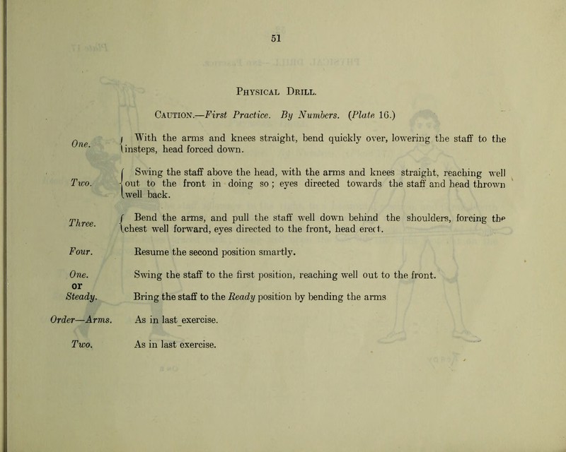 Physical Drill. Caution.—First Practice. By Numbers. {Plate IG.) One. Two. Three. Four. One. or Steady. Order—Arms. j With the arms and knees straight, bend quickly over, lowering the staff to the Unsteps, head forced down. (Swing the staff above the head, with the arms and knees straight, reaching well out to the front in doing so ; eyes directed towards the staff and head thrown well back. / Bend the arms, and pull the staff well down behind the shoulders, forcing tb^ Ichest well forward, eyes directed to the front, head erect. Eesume the second position smartly. Swing the staff to the first position, reaching well out to the front. Bring the staff to the Ready position by bending the arms As in last exercise. Two. As in last exercise.