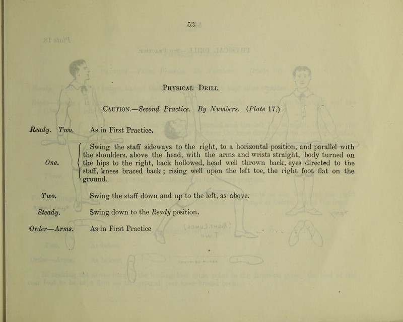 PHYSicjiL Drill. Caution.—Second Practice. By Numbers. {Plate 17.) Ready. Two. As in First Practice. One. 1 ( Swing the staff sideways to the right, to a horizontal position, and parallel with 1 the shoulders, above the head, with the arms and wrists straight, body turned on the hips to the right, back hollowed, head well thrown back, eyes directed to the 1 staff, knees braced back ; rising well upon the left toe, the right foot flat on the ' ground. Two. Swing the staff down and up to the left, as above. Steady. Swing down to the Ready position. Order—Arms. As in Fii-st Practice