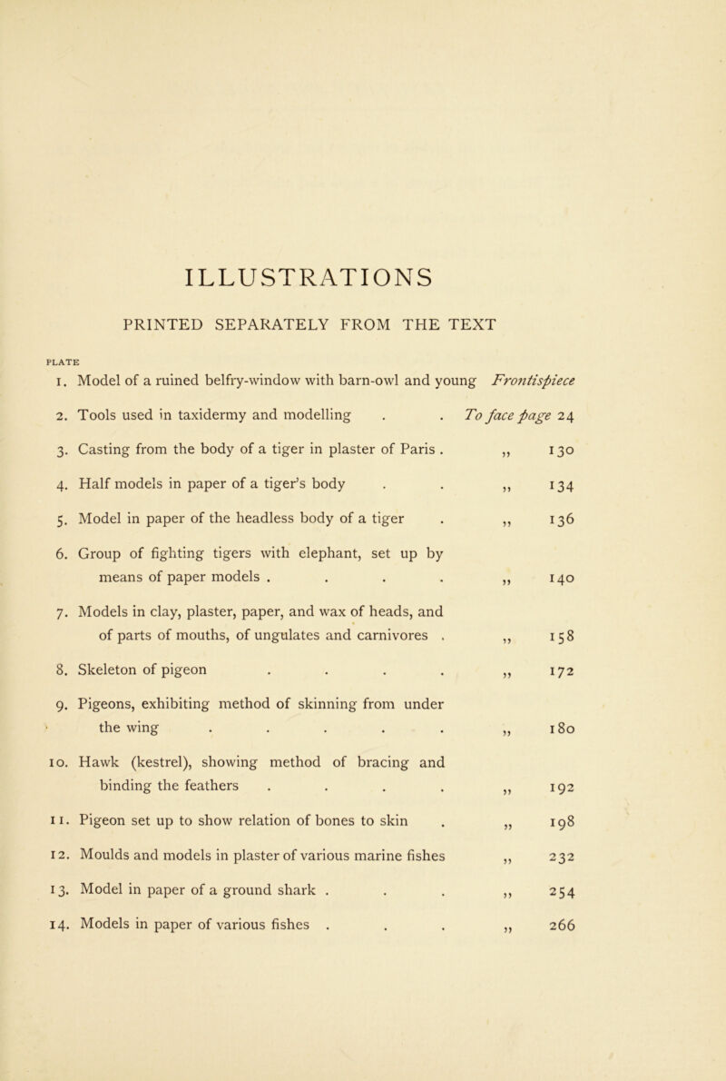 ILLUSTRATIONS PRINTED SEPARATELY FROM THE TEXT PLATE 1. Model of a ruined belfry-window with barn-owl and young Fro7itispiece 2. Tools used in taxidermy and modelling . . To face page 24 3. Casting from the body of a tiger in plaster of Paris . ,, 130 4. Half models in paper of a tiger’s body 5. Model in paper of the headless body of a tiger 6. Group of fighting tigers with elephant, set up by means of paper models .... 7. Models in clay, plaster, paper, and wax of heads, and of parts of mouths, of ungulates and carnivores . 8. Skeleton of pigeon .... 9. Pigeons, exhibiting method of skinning from under • the wing ..... 10. Hawk (kestrel), showing method of bracing and binding the feathers .... 11. Pigeon set up to show relation of bones to skin 12. Moulds and models in plaster of various marine fishes 13. Model in paper of a ground shark . 14. Models in paper of various fishes . )) J) ?) 134 136 140 158 172 180 192 198 232 254 266