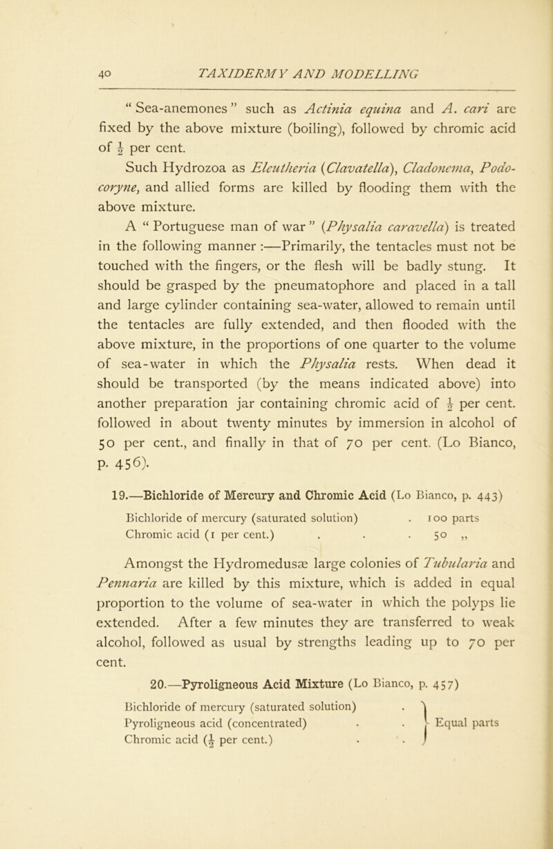 “Sea-anemones” such as Actinia equina and A. cari are of J per cent Such Hydrozoa as Eleutheria (Clavatella), Clado7ieina^ Podo- coryne^ and allied forms are killed by flooding them with the above mixture. A “ Portuguese man of war ” {Physalia caravella) is treated in the following manner :—Primarily, the tentacles must not be touched with the fingers, or the flesh will be badly stung. It should be grasped by the pneumatophore and placed in a tall and large cylinder containing sea-water, allowed to remain until the tentacles are fully extended, and then flooded with the above mixture, in the proportions of one quarter to the volume of sea-water in which the Physalia rests. When dead it should be transported (by the means indicated above) into another preparation jar containing chromic acid of | per cent, followed in about twenty minutes by immersion in alcohol of 50 per cent., and finally in that of 70 per cent. (Lo Bianco, p. 456). 19.—Bichloride of Mercury and Chromic Acid (Lo Bianco, p. 443) Bichloride of mercury (saturated solution) . 100 parts Chromic acid (i per cent.) . . . 50 ,, Amongst the Hydromedusee large colonies of Tuhularia and Pennaria are killed by this mixture, which is added in equal proportion to the volume of sea-water in which the polyps lie extended. After a few minutes they are transferred to weak alcohol, followed as usual by strengths leading up to 70 per cent. 20.—Pyroligneous Acid Mixture (Lo Bianco, p. 457) Bichloride of mercury (saturated solution) fixed by the above mixture (boiling), followed by chromic acid Pyroligneous acid (concentrated) Chromic acid (^ per cent.)