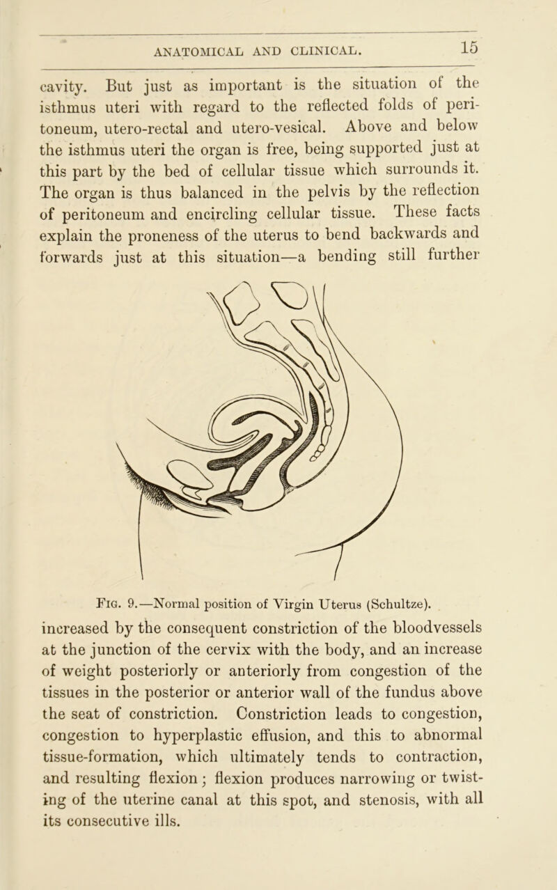 cavity. But just as important is the situation of the isthmus uteri with regard to the reflected folds of peri- toneum, utero-rectal and utero-vesical. Above and below the isthmus uteri the organ is free, being supported just at this part by the bed of cellular tissue which surrounds it. The organ is thus balanced in the pelvis by the reflection of peritoneum and encircling cellular tissue. These facts explain the proneness of the uterus to bend backwards and forwards just at this situation—a bending still further Fig. 9.—Normal position of Virgin Uterus (Schultze). increased by the consequent constriction of the bloodvessels at the junction of the cervix with the body, and an increase of weight posteriorly or anteriorly from congestion of the tissues in the posterior or anterior wall of the fundus above the seat of constriction. Constriction leads to congestion, congestion to hyperplastic effusion, and this to abnormal tissue-formation, which ultimately tends to contraction, and resulting flexion; flexion produces narrowing or twist- ing of the uterine canal at this spot, and stenosis, with all its consecutive ills.