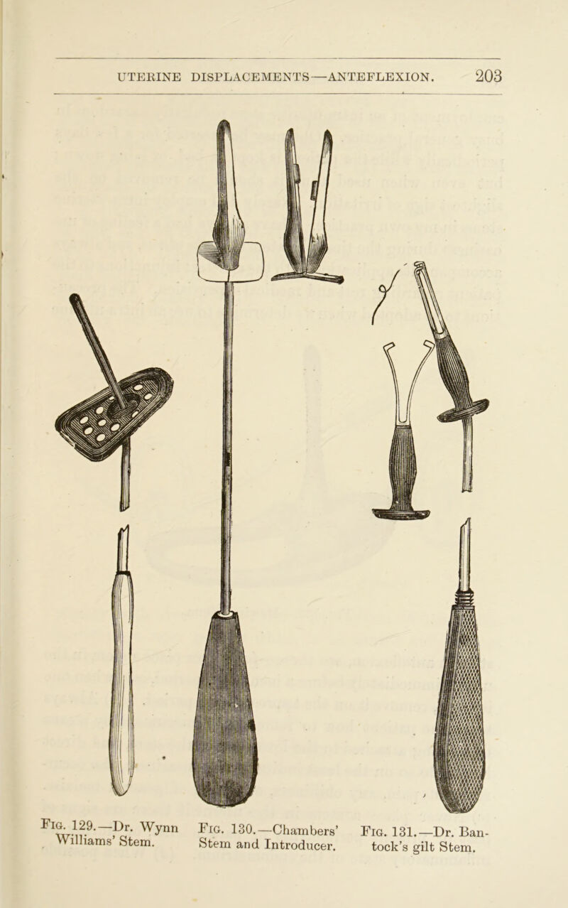 Fig. 129.—Dr. Wy nn Williams’ Stem. Fig. 130.—Chambers’ Stem and Introducer. Fig. 131.—Dr. Ban- tock’s gilt Stem.