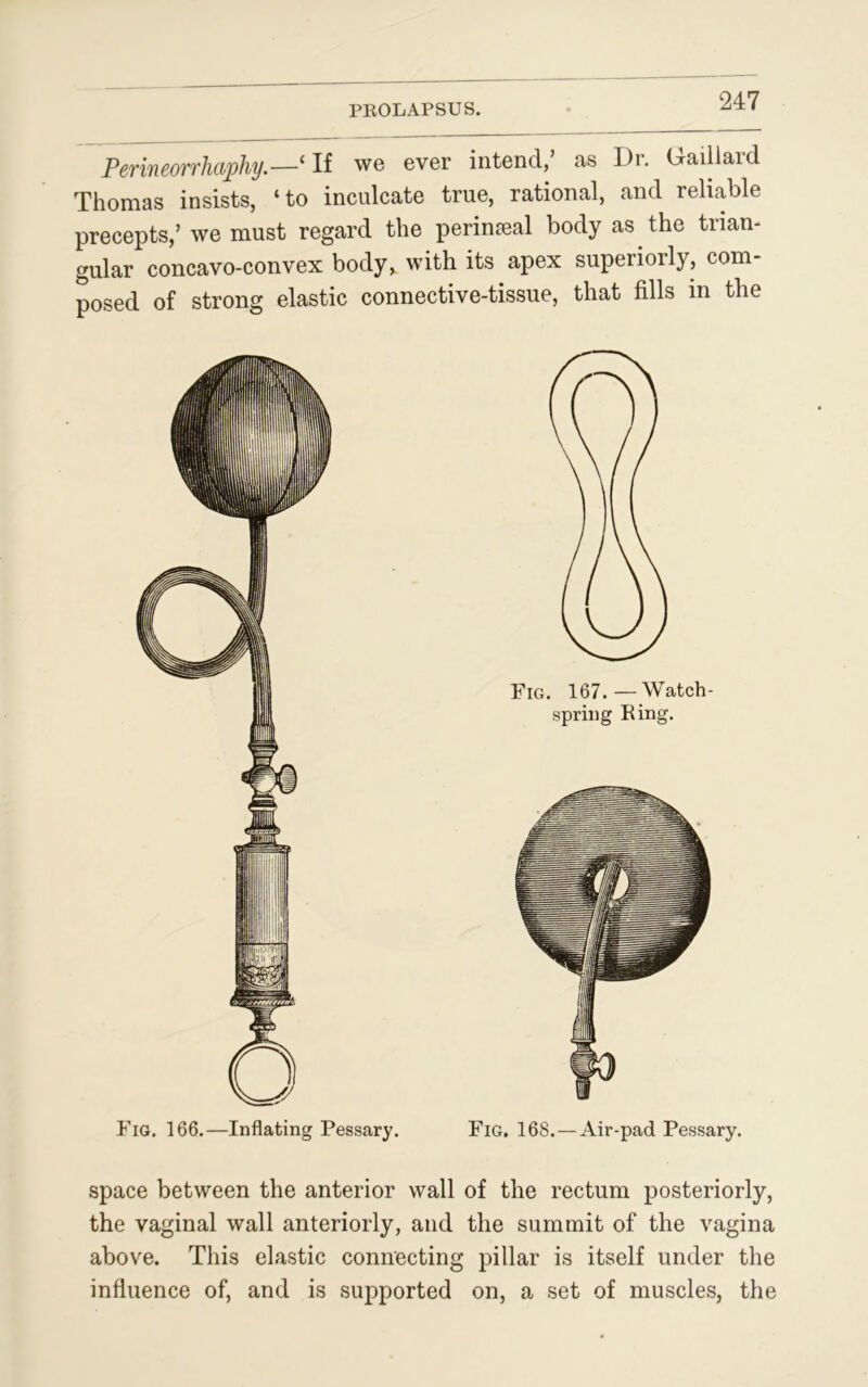 Perineorrhaphy.—‘ If we ever intend,’ as I)r. Daillaid Thomas insists, ‘to inculcate true, rational, and reliable precepts,’ we must regard the perinaeal body as the trian- gular concavo-convex body, with its apex superioily, com- posed of strong elastic connective-tissue, that fills in the space between the anterior wall of the rectum posteriorly, the vaginal wall anteriorly, and the summit of the vagina above. This elastic connecting pillar is itself under the influence of, and is supported on, a set of muscles, the