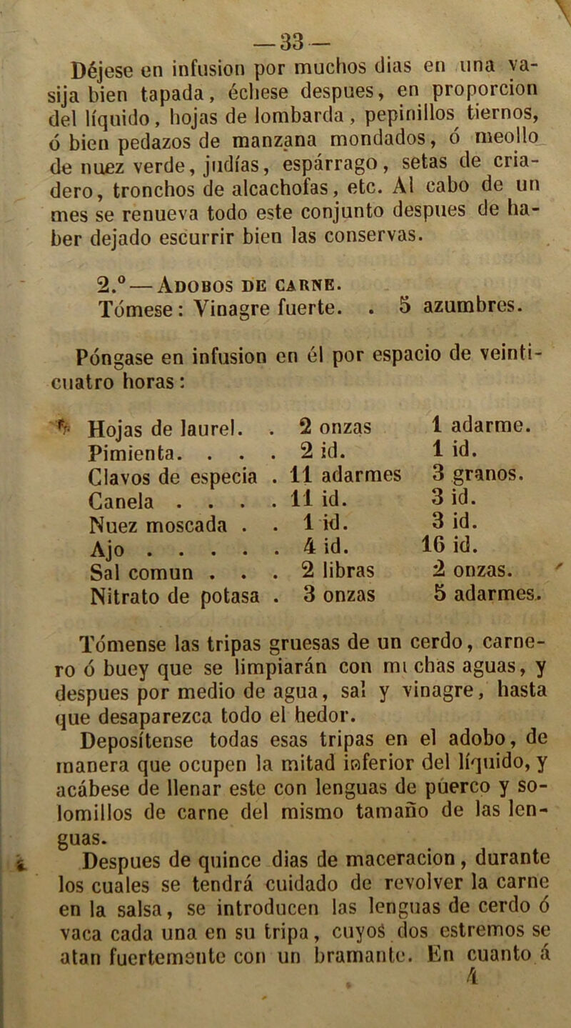 — 33- Déjese en infusion por muchos <Jias en una ya- sija bien tapada, écliese despues, en proporcion del iïquido, liojas de lombarda , pepiriillos tiernos, o bien pedazos de manzana mondados, 6 nieollo de nuez verde, judi'as, espârrago, setas de cria- dero, tronchos de alcachofas, etc. Al cabo de un mes se renueva todo este conjunto despues de ha- ber dejado escurrir bien las conservas. 2.°— Adobos de carne. Tomese : Vinagre fuerte. . 5 azumbres. Pdngase en infusion en él por espacio de veinti- cuatro horas : Hojas de laurel. . 2 onzas 1 adarme. Pimienta. . 2 id. 1 id. Glavos de especia . 11 adarmes 3 granos. Canela .... 11 id. 3 id. Nuez moscada . . 1 id. 3 id. Ajo 4 id. 16 id. Sal comun ... 2 libras 2 onzas. Nitrato de potasa . 3 onzas 5 adarmes. Tomense las tripas gruesas de un cerdo, carne- ro 6 buey que se limpiarân con mi chas aguas, y despues por medio de agua, sal y vinagre, hasta que desaparezca todo el hedor. Depositense todas esas tripas en el adobo, de manera que ocupen la mitad inferior del liquido, y acàbese de llenar este con lenguas de puerco y so- lomillos de carne del mismo tamano de las len- guas. Despues de quince dias de maceracion, durante los cuales se tendra cuidado de revolver la carne en la salsa, se introducen las lenguas de cerdo 6 vaca cada una en su tripa, cuyoS dos estremos se atan fuertemente con un bramante. En cuanto a 4