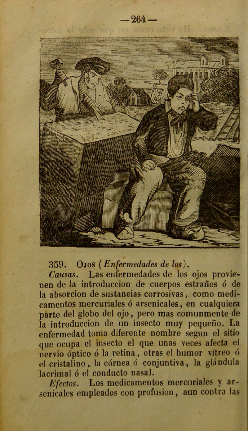 359. Ojos (Enfermedades de los). Causas. Las enfermedades de los ojos provie- nen de la introduccion de cuerpos estranos 6 de la absorcion de sustancias corrosivas, como medi- camentos mercuriales o arsenicales, en cualquiera parte del globo del ojo, pero mas comunmente de la introduccion de un insecto muy pequeno. La enfermedad toma diferente nombre segun el sitio que ocupa el insecto el que unas veces afecta el nervio optico o la retina, otras el humor vftreo o el cristalino, la cornea o conjuntiva, la glandula lacrimal o el conducto nasal. Efcctos. Los medicamentos mercuriales y ar- senicales empleados con profusion, aun contra las