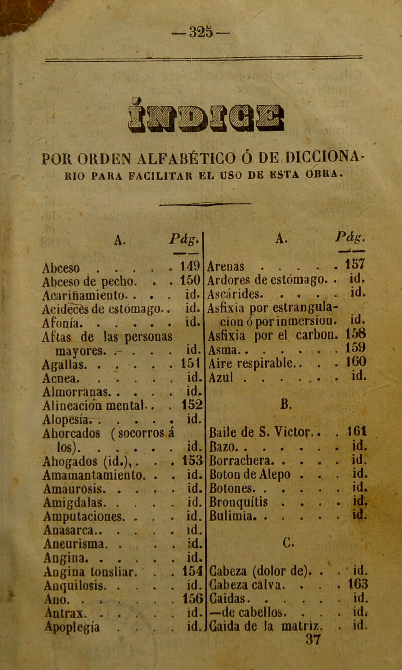 -325- w POR ORD EN ALFABÉTICO Ô DE DICCIONA- RIO PARA FACIL1TAR EL USO DE ESTA OBRA. A. Pdg. A. Pdg. Abceso . . . Abceso de pecho. Acarinamiento. . Acidëcès de estomago. Afom'a. . . . Aftas de las perse mayores. .- . Agallas. . . . Acnea. . • . Altnorranas. . . Alineacio’n mental. Alopesia. . . . Ahorcados (socorr los). . . . Ahogados (id.),. Amamantamiento. Amaurosis. . . Amigdalas. . . Amputaciones. . Anasarca.. . . Aneurisma. . Angina. . . . Angina tonsliar. Auquilosis. . . Ano Antrax. . . . Apoplegia . . Areuas 157 Ardores de estomago. . id. Ascarides id. Asfixia por estrangula- cion ô porinmersion. id. Asfixia por el carbon. 158 Asrna. • • • • • . 159 Aire respirable.. . . 160 Azul . id. B. Baile de S. Victor.. . 161 Bazo . id. Borrachera. . . . . id. Boton de Alepo . . . id. Botones Bronquitis . . . . id. Bulimia C. Gabeza (dolor de). . . id. Cabezacalva. . . . 163 Gaidas . id. —de cabellos. . . . id. Gaida de la mati iz. . id. 37