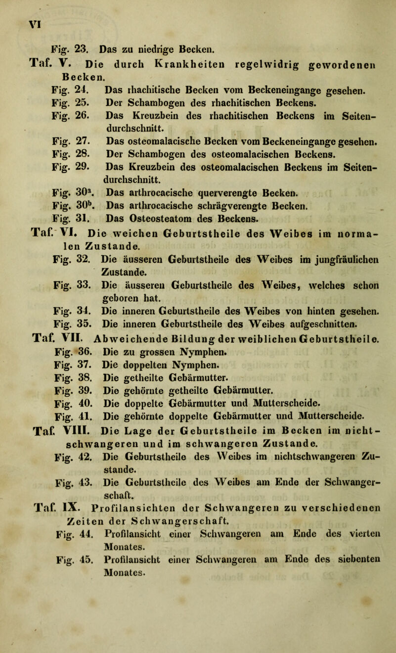 Fig. 23. Das zu niedrige Becken. Taf. V. Die durch Krankheiten regelwidrig gewordenen Becken. Fig. 24. Das rhachitische Becken vom Beckeneingange gesehen. Fig. 25. Der Schambogen des rhachitischen Beckens. Fig. 26. Das Kreuzbein des rhachitischen Beckens im Seiten- durchschnitt. Fig. 27. Das osteomalacische Becken vom Beckeneingange gesehen. Fig. 28. Der Schambogen des osteomalacischen Beckens. Fig. 29. Das Kreuzbein des osteomalacischen Beckens im Seiten- durchschnitt. Fig. 30a. Das arthrocacische querverengte Becken. Fig. 3öb. Das arthrocacische schrägverengte Becken. Fig. 31. Das Osteosteatom des Beckens. Taf. VI. Die weichen Geburtstheile des Weibes im norma- len Zustande. Fig. 32. Die äusseren Geburtstheile des Weibes im jungfräulichen Zustande. Fig. 33. Die äusseren Geburtstheile des Weibes, welches schon geboren hat. Fig. 34. Die inneren Geburtstheile des Weibes von hinten gesehen. Fig. 35. Die inneren Geburtstheile des Weibes aufgeschnitten. Taf VII. Abweichende Bildung der weiblichen Geburtstheile. Fig. 36. Die zu grossen Nymphen. Fig. 37. Die doppelten Nymphen. Fig. 38. Die getheilte Gebärmutter. Fig. 39. Die gehörnte getheilte Gebärmutter. Fig. 40. Die doppelte Gebärmutter und Mutterscheide. Fig. 41. Die gehörnte doppelte Gebärmutter und Mutterscheide. Taf VIII. Die Lage der Geburtstheile im Becken im nicht- schwangeren und im schwangeren Zustande. Fig. 42. Die Geburtstheile des Weibes im nichtschwangeren Zu- stande. Fig. 43. Die Geburtstheile des Weibes am Ende der Schwanger- schaft. Taf IX. Profilansichten der Schwangeren zu verschiedenen Zeiten der Schwangerschaft. Fig. 44. Profilansicht einer Schwangeren am Ende des vierten Monates. Fig. 45. Profilansicht einer Schwangeren am Ende des siebenten Monates.