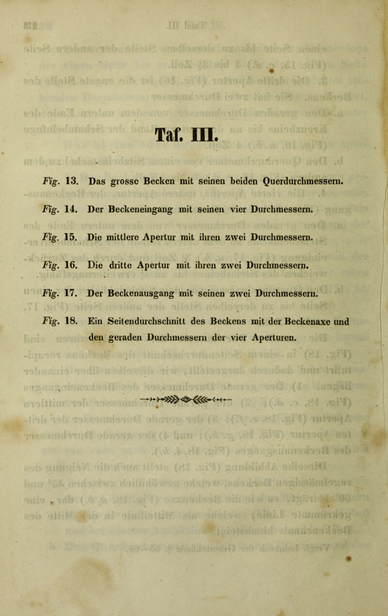 Fig. 13. Das grosse Becken mit seinen beiden Querdurchmessern. Fig. 14. Der Beckeneingang mit seinen vier Durchmessern. Fig. 15. Die mittlere Apertur mit ihren zwei Durchmessern. Fig. 16. Die dritte Apertur mit ihren zwei Durchmessern. Fig. 17. Der Beckenausgang mit seinen zwei Durchmessern. Fig. 18. Ein Seitendurchschnitt des Beckens mit der Beckenaxe und den geraden Durchmessern der vier Aperturen.