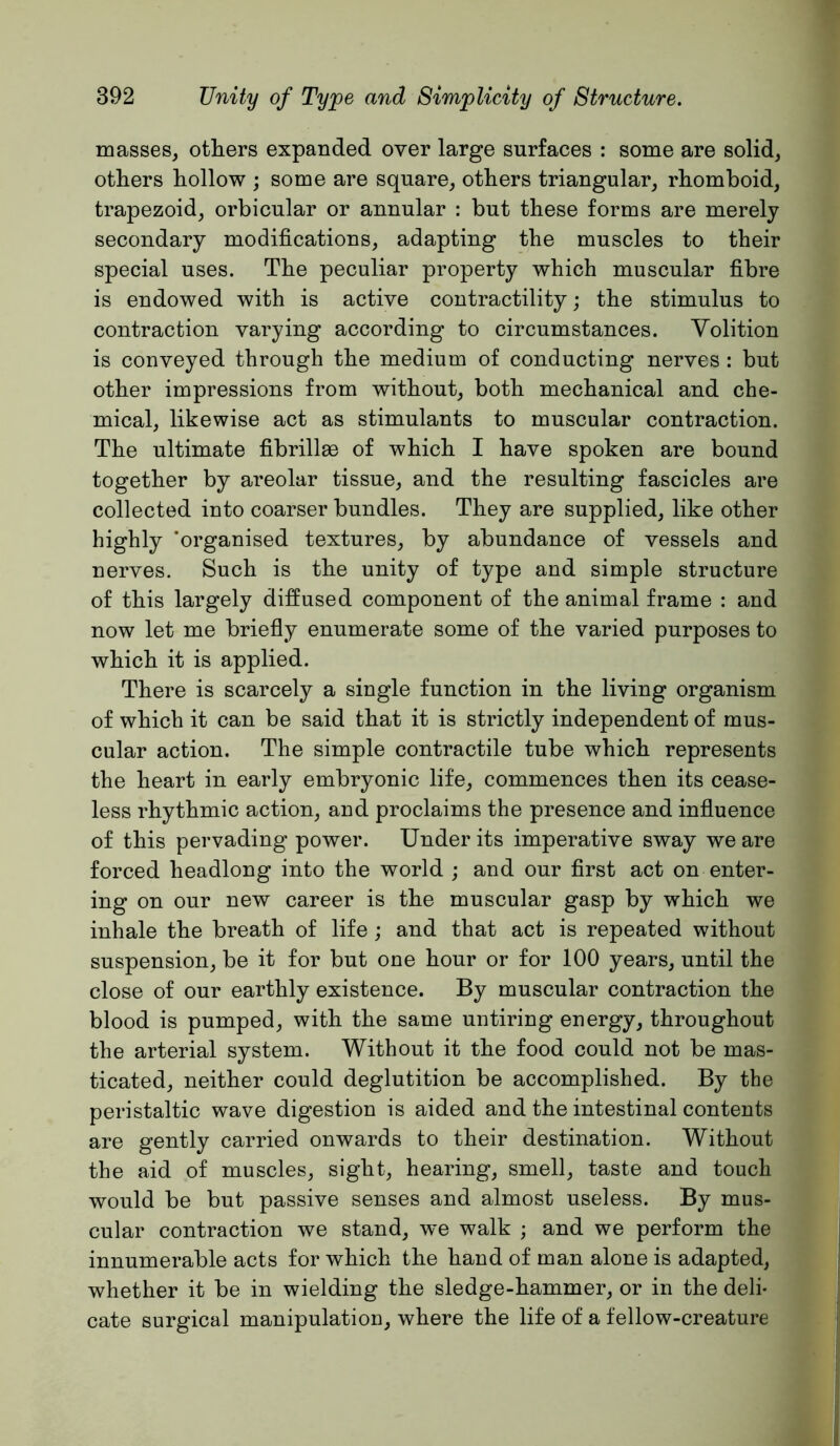 masses, others expanded over large surfaces : some are solid, others hollow ; some are square, others triangular, rhomboid, trapezoid, orbicular or annular : but these forms are merely secondary modifications, adapting the muscles to their special uses. The peculiar property which muscular fibre is endowed with is active contractility; the stimulus to contraction varying according to circumstances. Volition is conveyed through the medium of conducting nerves : but other impressions from without, both mechanical and che- mical, likewise act as stimulants to muscular contraction. The ultimate fibrillae of which I have spoken are bound together by areolar tissue, and the resulting fascicles are collected into coarser bundles. They are supplied, like other highly 'organised textures, by abundance of vessels and nerves. Such is the unity of type and simple structure of this largely diffused component of the animal frame : and now let me briefly enumerate some of the varied purposes to which it is applied. There is scarcely a single function in the living organism of which it can be said that it is strictly independent of mus- cular action. The simple contractile tube which represents the heart in early embryonic life, commences then its cease- less rhythmic action, and proclaims the presence and influence of this pervading power. Under its imperative sway we are forced headlong into the world ; and our first act on enter- ing on our new career is the muscular gasp by which we inhale the breath of life ; and that act is repeated without suspension, be it for but one hour or for 100 years, until the close of our earthly existence. By muscular contraction the blood is pumped, with the same untiring energy, throughout the arterial system. Without it the food could not be mas- ticated, neither could deglutition be accomplished. By the peristaltic wave digestion is aided and the intestinal contents are gently carried onwards to their destination. Without the aid of muscles, sight, hearing, smell, taste and touch would be but passive senses and almost useless. By mus- cular contraction we stand, we walk ; and we perform the innumerable acts for which the hand of man alone is adapted, whether it be in wielding the sledge-hammer, or in the deli- cate surgical manipulation, where the life of a fellow-creature