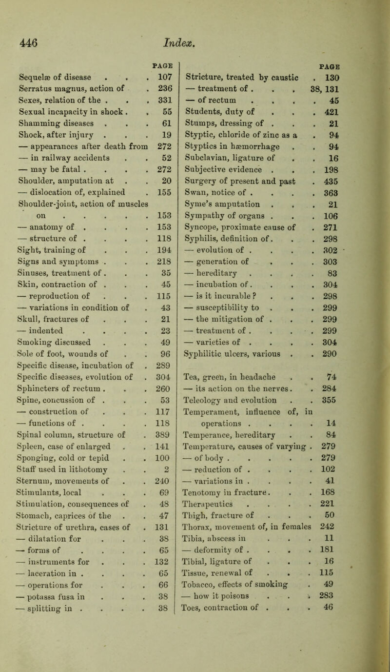 Sequelae of disease Serratus magnus, action of Sexes, relation of the . Sexual incapacity in shock . Shamming diseases Shock, after injury . — appearances after death from — in railway accidents — may be fatal .... Shoulder, amputation at — dislocation of, explained Shoulder-joint, action of muscles on — anatomy of . — structure of . Sight, training of . . . Signs and symptoms . Sinuses, treatment of. Skin, contraction of . — reproduction of . . . — variations in condition of Skull, fractures of . . . — indented .... Smoking discussed Sole of foot, wounds of Specific disease, incubation of Specific diseases, evolution of Sphincters of rectum . Spine, concussion of . — construction of . . . — functions of . Spinal column, structure of Spleen, case of enlarged Sponging, cold or tepid Staff used in lithotomy Sternum, movements of Stimulants, local Stimulation, consequences of Stomach, caprices of the Stricture of urethra, cases of — dilatation for — forms of .... — instruments for — laceration in . — operations for — potassa fusa in . — splitting in . Stricture, treated by caustic PAGE 130 — treatment of . . , 38, 131 — of rectum . . , . 45 Students, duty of . . . 421 Stumps, dressing of . 21 Styptic, chloride of zinc as a 94 Styptics in hemorrhage 94 Subclavian, ligature of 16 Subjective evidence . 198 Surgery of present and past 435 Swan, notice of . 363 Syme’s amputation 21 Sympathy of organs . 106 Syncope, proximate cause of 271 Syphilis, definition of. 298 — evolution of . 302 — generation of . . . 303 — hereditary .... 83 — incubation of. .304 — is it incurable ? . . . 298 — susceptibility to . 299 — the mitigation of . 299 — treatment of . . . . 299 — varieties of . 304 Syphilitic ulcers, various . 290 Tea, green, in headache . . 74 — its action on the nerves. 284 Teleology and evolution 355 Temperament, influence of, in operations .... 14 Temperance, hereditary 84 Temperature, causes of varying . 279 — of body ..... 279 — reduction of . 102 — variations in . 41 Tenotomy in fracture. 168 Therapeutics .... 221 Thigh, fracture of . . . 50 Thorax, movement of, in females 242 Tibia, abscess in ... 11 — deformity of . 181 Tibial, ligature of . . . 16 Tissue, renewal of . . . 115 Tobacco, effects of smoking 49 — how it poisons 283 Toes, contraction of . 46 PAGE 107 236 331 55 61 19 272 52 272 20 155 153 153 118 194 218 35 45 115 43 21 23 49 96 289 304 260 53 117 118 389 141 100 2 240 69 48 47 131 38 65 132 65 66 38 38