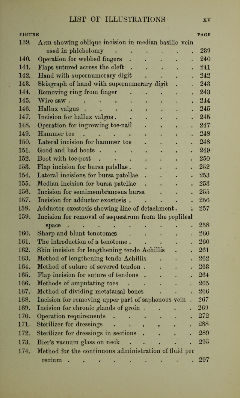 FIGURE PAGE 139. Arm showing oblique incision in median basilic vein used in phlebotomy .... . 239 140. Operation for webbed fingers . 240 141. Flaps sutured across the cleft . . 241 142. Hand with supernumerary digit . 242 143. Skiagraph of hand with supernumerary digit 243 144. Removing ring from finger « 243 145. Wire saw , 244 146. Hallux valgus 245 147. Incision for hallux valgus .... . 245 148. Operation for ingrowing toe-nail . 247 149. Hammer toe ...... . 248 150. Lateral incision for hammer toe . 248 151. Good and bad boots ..... . 249 152. Boot with toe-post . 250 153. Flap incision for bursa patellae . . 252 154. Lateral incisions for bursa patellae . . 253 155. Median incision for bursa patellae . 253 156. Incision for semimembranosus bursa . 255 157. Incision for adductor exostosis . . 256 158. Adductor exostosis showing line of detachment. ; 257 159. Incision for removal of sequestrum from the popliteal space 258 160. Sharp and blunt tenotomes . 260 161. The introduction of a tenotome . . 260 162. Skin incision for lengthening tendo Achillis . 261 163. Method of lengthening tendo Achillis 262 164. Method of suture of severed tendon . . 263 165. Flap incision for suture of tendons . . 264 166. Methods of amputating toes . 265 167. Method of dividing metatarsal bones 266 168. Incision for removing upper part of saphenous vein . 267 169. Incision for chronic glands of groin . 269 170. Operation requirements .... . 272 171. Sterilizer for dressings ...» . 288 172. Sterilizer for dressings in sections . . 289 173. Bier’s vacuum glass on neck . 295 174. Method for the continuous administration of fluid per rectum ....... 297
