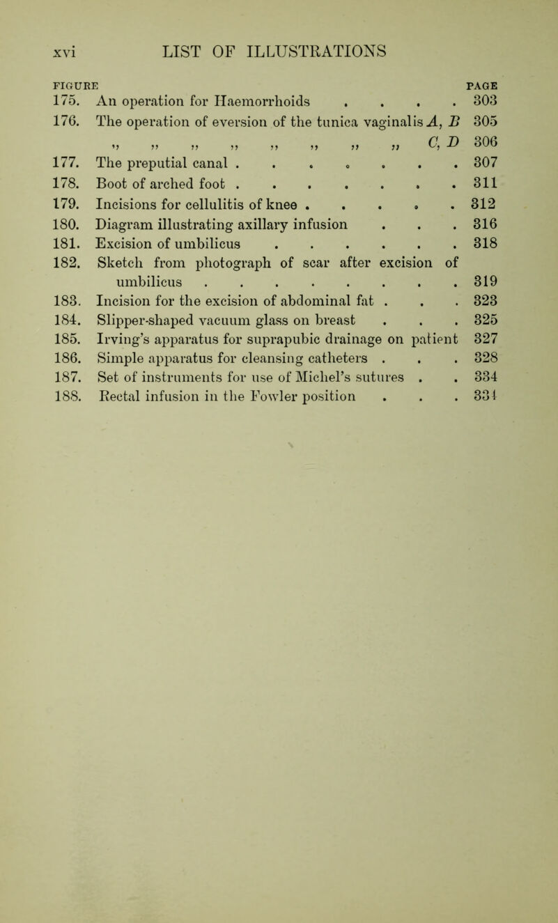 FIGURE PAGE 175. An operation for Haemorrhoids .... 303 176. The operation of eversion of the tunica vaginalis A, B 305 „ „ „ „ „ „ C, D 306 177. The preputial canal ....... 307 178. Boot of arched foot . . . . . . .311 179. Incisions for cellulitis of knee ..... 312 180. Diagram illustrating axillary infusion . . . 316 181. Excision of umbilicus 318 182. Sketch from photograph of scar after excision of umbilicus . . . . . . . .319 183. Incision for the excision of abdominal fat . . . 323 184. Slipper-shaped vacuum glass on breast . . . 325 185. Irving’s apparatus for suprapubic drainage on patient 327 186. Simple apparatus for cleansing catheters . . . 328 187. Set of instruments for use of Michel’s sutures . . 334 188. Rectal infusion in the Fowler position . . .331