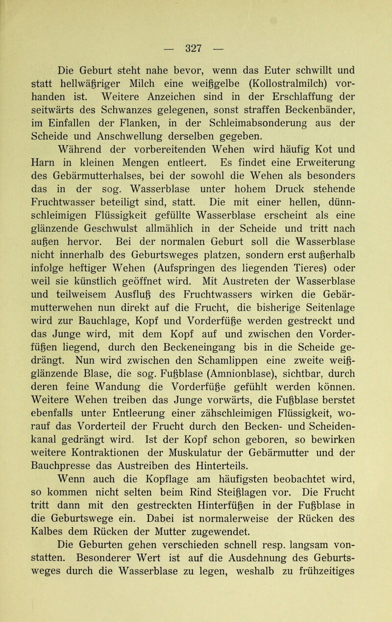 Die Geburt steht nahe bevor, wenn das Euter schwillt und statt hellwäßriger Milch eine weißgelbe (Kollostralmilch) vor- handen ist. Weitere Anzeichen sind in der Erschlaffung der seitwärts des Schwanzes gelegenen, sonst straffen Beckenbänder, im Einfallen der Flanken, in der Schleimabsonderung aus der Scheide und Anschwellung derselben gegeben. Während der vorbereitenden Wehen wird häufig Kot und Harn in kleinen Mengen entleert. Es findet eine Erweiterung des Gebärmutterhalses, bei der sowohl die Wehen als besonders das in der sog. Wasserblase unter hohem Druck stehende Fruchtwasser beteiligt sind, statt. Die mit einer hellen, dünn- schleimigen Flüssigkeit gefüllte Wasserblase erscheint als eine glänzende Geschwulst allmählich in der Scheide und tritt nach außen hervor. Bei der normalen Geburt soll die Wasserblase nicht innerhalb des Geburtsweges platzen, sondern erst außerhalb infolge heftiger Wehen (Aufspringen des liegenden Tieres) oder weil sie künstlich geöffnet wird. Mit Austreten der Wasserblase und teilweisem Ausfluß des Fruchtwassers wirken die Gebär- mutterwehen nun direkt auf die Frucht, die bisherige Seitenlage wird zur Bauchlage, Kopf und Vorderfüße werden gestreckt und das Junge wird, mit dem Kopf auf und zwischen den Vorder- füßen liegend, durch den Beckeneingang bis in die Scheide ge- drängt. Nun wird zwischen den Schamlippen eine zweite weiß- glänzende Blase, die sog. Fußblase (Amnionblase), sichtbar, durch deren feine Wandung die Vorderfüße gefühlt werden können. Weitere Wehen treiben das Junge vorwärts, die Fußblase berstet ebenfalls unter Entleerung einer zähschleimigen Flüssigkeit, wo- rauf das Vorderteil der Frucht durch den Becken- und Scheiden- kanal gedrängt wird. Ist der Kopf schon geboren, so bewirken weitere Kontraktionen der Muskulatur der Gebärmutter und der Bauchpresse das Austreiben des Hinterteils. Wenn auch die Kopflage am häufigsten beobachtet wird, so kommen nicht selten beim Rind Steißlagen vor. Die Frucht tritt dann mit den gestreckten Hinterfüßen in der Fußblase in die Geburtswege ein. Dabei ist normalerweise der Rücken des Kalbes dem Rücken der Mutter zugewendet. Die Geburten gehen verschieden schnell resp. langsam von- statten. Besonderer Wert ist auf die Ausdehnung des Geburts- weges durch die Wasserblase zu legen, weshalb zu frühzeitiges