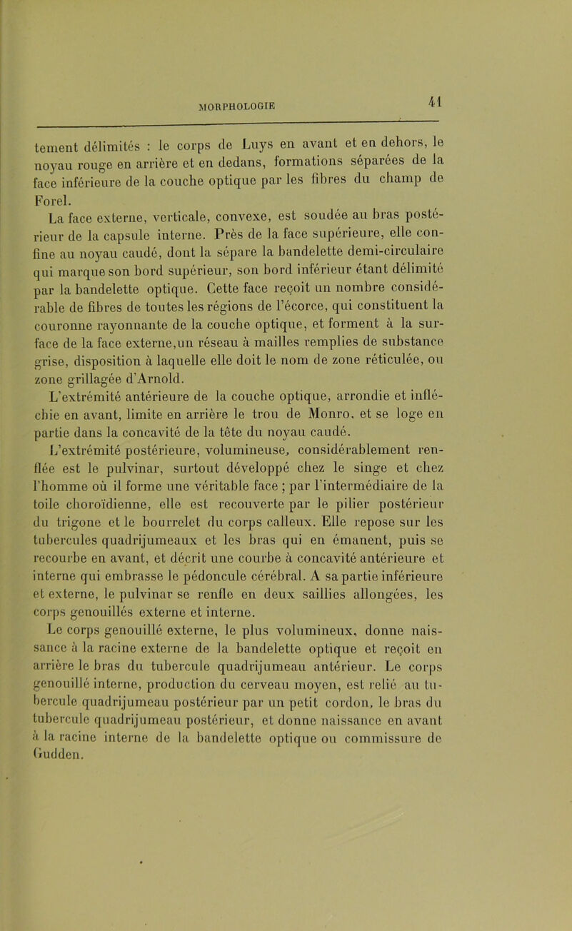 tement délimités : le corps de Luys en avant et en dehors, le noyau rouge en arrière et en dedans, formations séparées de la face inférieure de la couche optique par les fibres du champ de Forel. La face externe, verticale, convexe, est soudée au bras posté- rieur de la capsule interne. Près de la lace supérieure, elle con- fine au noyau caudé, dont la sépare la bandelette demi-circulaire qui marque son bord supérieur, son bord inférieur étant délimité par la bandelette optique. Cette face reçoit un nombre considé- rable de fibres de toutes les régions de l’écorce, qui constituent la couronne rayonnante de la couche optique, et forment à la sur- face de la face externe,un réseau à mailles remplies de substance grise, disposition à laquelle elle doit le nom de zone réticulée, ou zone grillagée d'Arnold. L'extrémité antérieure de la couche optique, arrondie et inflé- chie en avant, limite en arrière le trou de Monro, et se loge en partie dans la concavité de la tête du noyau caudé. L’extrémité postérieure, volumineuse^ considérablement ren- flée est le pulvinar, surtout développé chez le singe et chez l’homme où il forme une véritable face ; par l’intermédiaire de la toile choroïdienne, elle est recouverte par le pilier postérieur du trigone et le bourrelet du corps calleux. Elle repose sur les tubercules quadrijumeaux et les bras qui en émanent, puis se recourbe en avant, et décrit une courbe à concavité antérieure et interne qui embrasse le pédoncule cérébral. A sa partie inférieure et externe, le pulvinar se renfle en deux saillies allongées, les corps genouillés externe et interne. Le corps genou illé externe, le plus volumineux, donne nais- sance à la racine externe de la bandelette optique et reçoit en arrière le bras du tubercule quadrijumeau antérieur. Le corps genouillé interne, production du cerveau moyen, est relié au tu- bercule quadrijumeau postérieur par un petit cordon, le bras du tubercule quadrijumeau postérieur, et donne naissance en avant à la racine interne de la bandelette optique on commissure de Gudden.