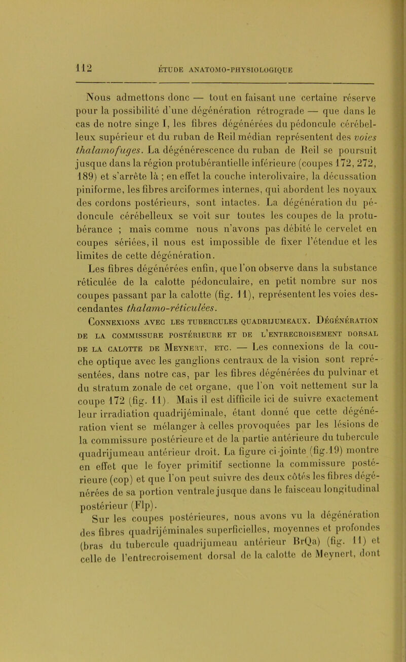 Nous admettons donc — tout en faisant une certaine réserve pour la possibilité d’une dégénération rétrograde — que dans le cas de notre singe I, les fibres dégénérées du pédoncule cérébel- leux supérieur et du ruban de Reil médian représentent des voies thalcimofuges. La dégénérescence du ruban de Reil se poursuit jusque dans la région protubérant elle inférieure (coupes 172, 272, 189) et s’arrête là ; en effet la couche intcrolivaire, la décussation piniforme, les fibres arciformes internes, qui abordent les noyaux des cordons postérieurs, sont intactes. La dégénération du pé- doncule cérébelleux se voit sur toutes les coupes de la protu- bérance ; mais comme nous n’avons pas débité le cervelet en coupes sériées, il nous est impossible de fixer l’étendue et les limites de cette dégénération. Les fibres dégénérées enfin, que l’on observe dans la substance réticulée de la calotte pédonculaire, en petit nombre sur nos coupes passant par la calotte (fîg. 11), représentent les voies des- cendantes thalamo-réticulées. Connexions avec les tubercules quadrijumeaux. Dégénération DE LA COMMISSURE POSTÉRIEURE ET DE L’ENTRECROISEMENT DORSAL DE LA calotte de Meynert, etc. — Les connexions de la cou- che optique avec les ganglions centraux de la vision sont repré- sentées, dans notre cas, par les fibres dégénérées du pulvinar et du stratum zonale de cet organe, que l’on voit nettement sur la coupe 172 (fig. 11). Mais il est difficile ici de suivre exactement leur irradiation quadrijéminale, étant donné que cette dégéné- ration vient se mélanger à celles provoquées par les lésions de la commissure postérieure et de la partie antérieure du tubercule quadrijumeau antérieur droit. La figure ci-jointe (fig. 19) montre en effet que le foyer primitif sectionne la commissure posté- rieure (cop) et que l’on peut suivre des deux côtés les fibres dégé- nérées de sa portion ventrale jusque dans le faisceau longitudinal postérieur (Flp). Sur les coupes postérieures, nous avons vu la dégénération des fibres quadrijéminales superficielles, moyennes et profondes (bras du tubercule quadrijumeau antérieur BrQa) (fig. 11) et celle de l’entrecroisement, dorsal de la calotte de Meynert, dont