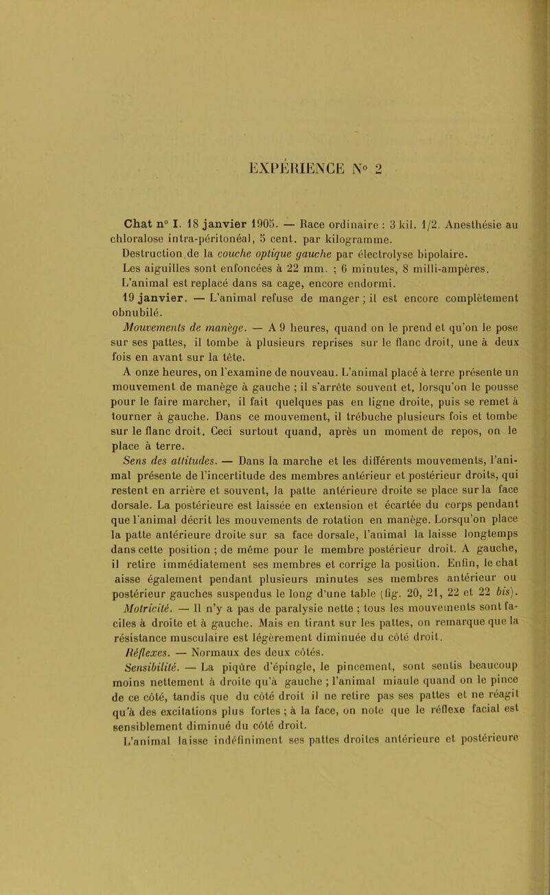EXPÉRIENCE N° 2 Chat n° I. 18 janvier 1905. — Race ordinaire : 3 kil. 1/2. Anesthésie au chloralose intra-péritonéal, 5 cent, par kilogramme. Destruction de la couche optique qauche par électrolyse bipolaire. Les aiguilles sont enfoncées à 22 mm. ; G minutes, 8 milli-ampères. L’animal est replacé dans sa cage, encore endormi. 19 janvier. — L’animal refuse de manger; il est encore complètement obnubilé. Mouvements de manège. — A 9 heures, quand on le prend et qu’on le pose sur ses pattes, il tombe à plusieurs reprises sur le flanc droit, une à deux fois en avant sur la tête. A onze heures, on l’examine de nouveau. L’animal placé à terre présente un mouvement de manège à gauche ; il s'arrête souvent et, lorsqu’on le pousse pour le faire marcher, il fait quelques pas en ligne droite, puis se remet à tourner à gauche. Dans ce mouvement, il trébuche plusieurs fois et tombe sur le flanc droit. Ceci surtout quand, après un moment de repos, on le place à terre. Sens des attitudes. — Dans la marche et les différents mouvements, l’ani- mal présente de l’incertitude des membres antérieur et postérieur droits, qui restent en arrière et souvent, la patte antérieure droite se place sur la face dorsale. La postérieure est laissée en extension et écartée du corps pendant que l'animal décrit les mouvements de rotation en manège. Lorsqu’on place la patte antérieure droite sur sa face dorsale, l’animal la laisse longtemps dans cette position ; de même pour le membre postérieur droit. A gauche, il retire immédiatement ses membres et corrige la position. Enfin, léchât aisse également pendant plusieurs minutes ses membres antérieur ou postérieur gauches suspendus le long d’une table (fig. 20, 21, 22 et 22 bis). Motricité. — 11 n’y a pas de paralysie nette ; tous les mouvements sont la- ciles à droite et à gauche. Mais en tirant sur les pattes, on remarque que la résistance musculaire est légèrement diminuée du côté droit. Hé/lexes. — Normaux des deux côtés. Sensibilité. — La piqûre d’épingle, le pincement, sont sentis beaucoup moins nettement à droite qu’à gauche ; l’animal miaule quand on le pince de ce côté, tandis que du côté droit il ne retire pas ses pattes et ne réagit qu a des excitations plus fortes ; à la face, on note que le réflexe facial est sensiblement diminué du côté droit. L’animal laisse indéfiniment ses pattes droites antérieure et postérieure