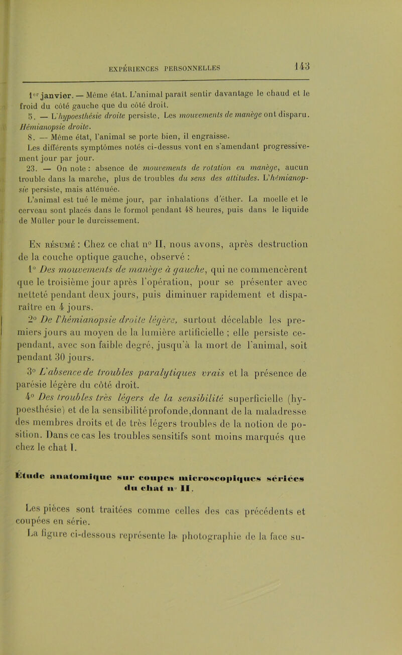 1er janvier. — Même état. L’animal parait sentir davantage le chaud et le froid du coté gauche que du côté droit. 5. — lïhypoeslhésie droite persiste. Les mouvements de manège ont disparu. Hémianopsie droite. 8. — Môme état, l’animal se porte bien, il engraisse. Les différents symptômes notés ci-dessus vont en s'amendant progressive- ment jour par jour. 23. — On note : absence de mouvements de rotation en manège, aucun trouble dans la marche, plus de troubles du sens des altitudes, h'hémianop- sie persiste, mais atténuée. L’animal est tué le même jour, par inhalations d’éther. La moelle et le cerveau sont placés dans le formol pendant 48 heures, puis dans le liquide de Müller pour le durcissement. En résumé : Chez ce chat n° II, nous avons, après destruction de la couche optique gauche, observé : 1° Des mouvements de manège à gauche, qui ne commencèrent que le troisième jour après l’opération, pour se présenter avec netteté pendant deux jours, puis diminuer rapidement et dispa- raître en 4 jours. 2° De l'hémianopsie droite légère, surtout décelable les pre- miers jours au moyen de la lumière artificielle ; elle persiste ce- pendant, avec son faible degré, jusqu’à la mort de l'animal, soit pendant 30 jours. 30 L absence de troubles paralgliques vrais et la présence de parésie légère du côté droit. 4° Des troubles très légers de la sensibilité superficielle (hy- poesthésie) et delà sensibilitéprofonde,donnant de la maladresse des membres droits et de très légers troubles de la notion de po- sition. Dans ce cas les troubles sensitifs sont moins marqués que chez le chat 1. I.turic anatomique sue coupes microscopiques sériées «lu chat n» 11. Les pièces sont traitées comme celles des cas précédents et coupées en série. La figure ci-dessous représente la* photographie de la face su-