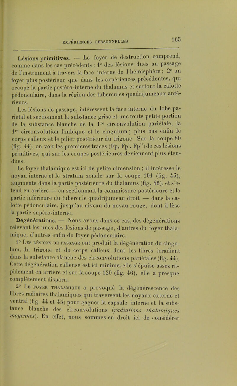 Lésions primitives. — Le loyer de destruction compiend, comme dans les cas précédents : 1° des lésions dues au passage de 1 instrument à travers la face interne de l’hémisphère , 2° un foyer plus postérieur que dans les expériences précédentes, qui occupe la partie postéro-interne du thalamus et surtout la calotte pédonculaire, dans la région des tubercules quadrijumeaux anté- rieurs. Les lésions de passage, intéressent la face interne du lobe pa- riétal et sectionnent la substance grise et une toute petite portion de la substance blanche de la lre circonvolution pariétale, la lre circonvolution limbique et le cingulum ; plus bas enfin le corps calleux et le pilier postérieur du trigone. Sur la coupe 80 (fig. 44), on voit les premières traces (Fp, Fp’, Fp”) de ces lésions primitives, qui sur les coupes postérieures deviennent plus éten- dues. Le foyer thalamique est ici de petite dimension ; il intéresse le noyau interne et le stratum zonale sur la coupe 101 (fig. 45), augmente dans la partie postérieure du thalamus (fig. 46), et s'é- tend en arrière — en sectionnant la commissure postérieure et la partie inférieure du tubercule quadrijumeau droit — dans la ca- lotte pédonculaire, jusqu’au niveau du noyau rouge, dont il lèse la partie supéro-interne. Dégénérations. — Nous avons dans ce cas, des dégénérations relevant les unes des lésions de passage, d’autres du foyer thala- mique, d’autres enfin du foyer pédonculaire. 1° Les lésions de passage ont produit la dégénération du cingu- lum, du trigone et du corps calleux dont les fibres irradient dans la substance blanche des circonvolutions pariétales (fig. 44). Cette dégénération calleuse est ici minime, elle s’épuise assez ra- pidement en arrière et sur la coupe 120 (fig. 46), elle a presque complètement disparu. 2° Le foyer thalamique a provoqué la dégénérescence des fibres radiaires thalamiques qui traversent les noyaux externe et ventral (fig. 44 et 45) pour gagner la capsule interne et la subs- tance blanche des circonvolutions {radiations thalamiques moyennes) En effet, nous sommes en droit ici de considérer