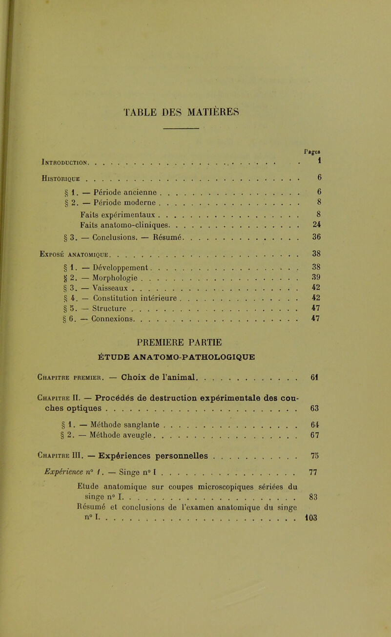 TABLE DES MATIÈRES Pages Introduction . » Historique 6 § 1. — Période ancienne 6 § 2. — Période moderne 8 Faits expérimentaux 8 Faits anatomo-cliniques 24 § 3. — Conclusions. — Résumé 36 Exposé anatomique 38 § 1. — Développement 38 g 2. — Morphologie 39 § 3. — Vaisseaux 42 g 4. — Constitution intérieure 42 § 5. — Structure 47 § 6. — Connexions 47 PREMIERE PARTIE ÉTUDE ANATOMO-PATHOLOGIQUE Chapitre premier. — Choix de l’animal 61 Chapitre II. — Procédés de destruction expérimentale des cou- ches optiques 63 § 1. — Méthode sanglante 64 § 2. — Méthode aveugle 67 Chapitre III. — Expériences personnelles 75 Expérience n° I. — Singe n° I 77 Etude anatomique sur coupes microscopiques sériées du singe n° 1 83 Résumé et conclusions de l’examen anatomique du singe n° I 103