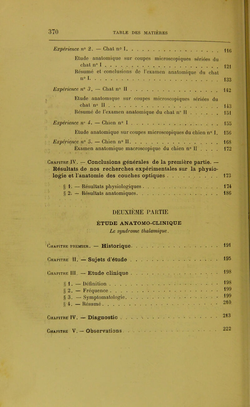 Expérience n° 2. — Chat n° I Etude anatomique sur coupes microscopiques sériées du chat n° I Résumé et conclusions de l'examen anatomique du chat n° 1 133 Expérience n° 3. — Chat n° II 142 Etude anatomique sur coupes microscopiques sériées du chat n» II 143 Résumé de l’examen anatomique du chat n“ II 151 Expérience n° — Chien n° I 155 Etude anatomique sur coupes microscopiques du chien n° I. 156 Expérience n° 5. — Chien n° II 168 Examen anatomique macroscopique du chien n° II . . . . 172 Chapitre IV. — Conclusions générales de la première partie. — Résultats de nos recherches expérimentales sur la physio- logie et l’anatomie des couches optiques 173 § 1. — Résultats physiologiques 174 § 2. — Résultats anatomiques 186 DEUXIÈME PARTIE ÉTUDE ANATOMO-CLINIQUE Le syndrome thalamique. Chapitre premier. — Historique 191 Chapitre II. — Sujets d’étude 195 Chapitre III. — Etude clinique 198 § 1. — Définition 198 § 2. — Fréquence 199 § 3. — Symptomatologie 199 § 4. — Résumé 210. Chapitre IV. — Diagnostic 213 Chapitre V. — Observations 222