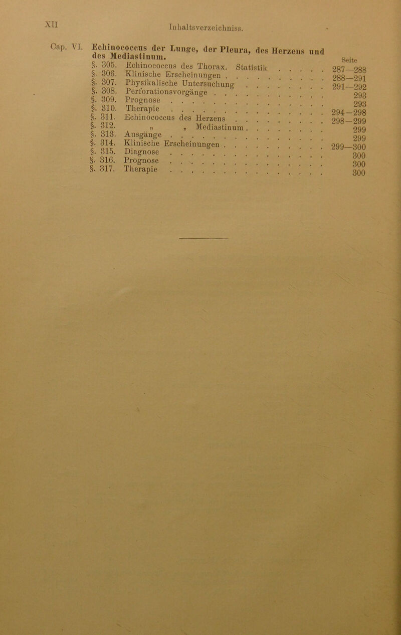 Cap. VI. Eehinötroenis der Lunge, der Pleura, des Herzens und des Mediastinum. §• 305. Echinococcus des Thorax. Statistik §• 306. Klinische Erscheinungen §. 307. Physikalische Untersuchung §. 308. Perlbrationsvorgänge .... §. 309. Prognose §. 310. Therapie ’ §. 311. Echinococcus des Herzens ' §• 312. „ „ Mediastinum §. 313. Ausgänge §• 314. Klinische Erscheinungen . . §. 315. Diagnose 316. Prognose . . , §. 317. Therapie Seite 287— 288 288- 291 291—292 293 293 294-298 298- 299 299 299 299— 300 300 300 300