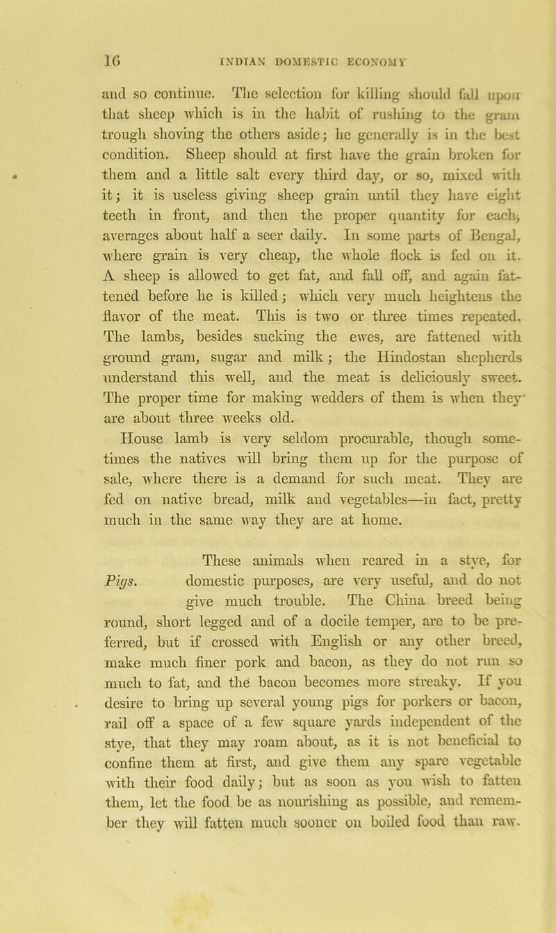 iiuil SO continue. The selection for killing should fall u)>oji that sheep which is in the hahit of rushing to the gram trough shoving the others aside; he generally is in the Ix'.st condition. Sheep should at first have the grain broken for them and a little salt eveiy third day, or so, mbicd nith it; it is useless giving sheep grain until they have eight teeth in front, and then the proper quantity for eachi averages about half a seer daily. In some parts of Bengal, where gi’ain is very cheap, the whole flock is fed on it. A sheep is allowed to get fat, and fall off, and again fat- tened before he is killed; which very much heightens the flavor of the meat. This is two or tlnee times repeated. The lambs, besides sucking the ewes, are fattened with ground gram, sugar and milk; the Hindostan shepherds understand this well, and the meat is deliciously sweet. The proper time for making wedders of them is w’hen they are about three weeks old. House lamb is very seldom procurable, though some- times the natives wdl bring them up for the purpose of sale, where there is a demand for such meat. They are fed on native bread, milk and vegetables—in fact, pretty much in the same way they are at home. These animals wdien reared in a stye, for Pigs. domestic pm’poses, are very usefid, and do not give much trouble. The China breed being round, short legged and of a docile temper, are to be pre- ferred, but if crossed with English or any other breed, make much finer pork and bacon, as they do not lam so much to fat, and the bacon becomes more streaky. If you desire to bring up several young pigs for porkers or bacon, rail off a space of a few square yards independent of the stye, that they may roam about, as it is not beneficial to confine them at first, and give them any spare vegetable with their food daily; but as soon as you wisli to fatten them, let the food be as nourishing as possible, and remem- ber they wiU fatten much sooner on boiled food than raw.