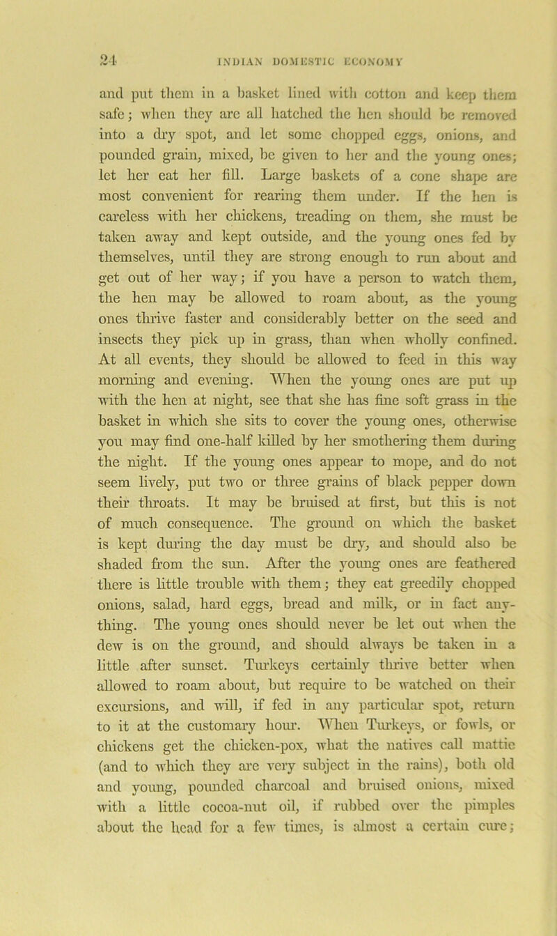 1' I.N'UIAX UO.MKSTIC KCCJN'O.MV and put them in a basket lined with cotton and keep them safe; when they are all hatched the hen should be removed into a dry spot^ and let some chopped eggs, onions, and pounded grain, mixed, be given to her and the young ones; let her eat her fill. Large baskets of a cone shape are most convenient for rearing them under. If the hen Is careless with her chickens, ti’eading on them, she must Ixj taken away and kept outside, and the young ones fed by themselves, until they are strong enough to run about and get out of her way; if you have a person to watch them, the hen may be allowed to roam about, as the youug ones tlu’ive faster and considerably better on the seed and insects they pick up in grass, than when wholly confined. At aU events, they should be allowed to feed in this way morning and evening. N^Qien the young ones are put up with the hen at night, see that she has fine soft grass in the basket in w'hich she sits to cover the young ones, otherwise you may find one-half lolled by her smothering them during the night. If the young ones appear to mope, and do not seem lively, put two or three grains of black pepper down their tlu’oats. It may be bruised at first, but this is not of much consequence. The gi’ound on which the basket is kept dming the day must be dry, and should also be shaded from the sun. After the yoimg ones are feathered there is little trouble with them; they eat greedily chopped onions, salad, hard eggs, bread and milk, or in fact any- thing. The young ones should never be let out when the dew is on the grormd, and should ahvays be taken in a little after sunset. Tiu’keys certainly thrive better when allowed to roam about, but require to be watched on their exem’sions, and will, if fed in any particular spot, retmn to it at the customary hom\ '\^^leu Tiu’keys, or fowls, or chickens get the chicken-pox, what the natives call mattic (and to Avhich they ai’e very subject in the raius), botli old and young, pomided charcoal and bruised onions, mixed with a little cocoa-nut oil, if rubbed over the pimples about the head for a fe^^^ times, is almost a certain ciire;