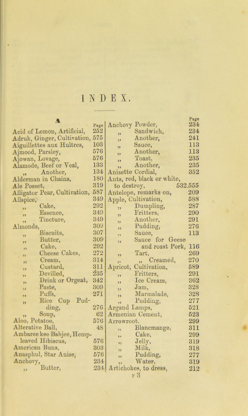 A i Page Anchovy Powder, Page 234 Acid of Lemon, Artificial, 252 yy Sandwich, 234 Adruk, Ginger, Cultivation, 575 99 Another, 241 Aiguillettes aux Huitres, 103 99 Sauce, 113 Ajmood, Parsley, 576 99 Another, 113 Ajowan, Lovage, 576 99 Toast, Another, 235 Alamode, Beef or Veal, 133 99 235 Another, 134 Anisette Cordial, 352 Alderman in Chains, 180 Ants, red, black or white, Ale Posset, 319 to destroy, 532,555 Alligator Pear, Cultivation, 587 Antelope, remarks on, 209 Allspice, 349 Apple, Cultivation, 588 n Cake, 292 99 Dumpling, 287 Essence, 349 yy Eritters, 290 Tincture, 349 yy Another, 291 Almonds, 309 99 Pudding, Sauce, 276 Biscuits, 307 99 113 Butter, 309 99 Sauce for Geese yy Cake, 292 and roast Pork, 116 yy Cheese Cakes, 272 99 Tart, 269 yy Cream, 314 „ Creamed, 270 9) Custard, 311 Apricot, Cultivation, 589 99 Devilled, 235 99 Eritters, 291 yy Drink or Orgeat, 342 99 Ice Cream, 362 yy Paste, 309 99 Jam, 328 99 Puffs, 271 99 Marmalade, 328 99 Bice Cup Pud- >9 Pudding, 277 ding, 276 Argand Lamps, 521 99 Soup, 62 Armenian Cement, 523 Aloo, Potatoe, 576 Arrowroot, 299 Alterative Ball, 48 99 Blancmange, 311 Ambaree kee Babjee, Hemp- yy Cake, 299 leaved Hibiscus, 576 99 Jelly, 319 American Buns, 303 yy Milk, 318 Anasphul, Star Anise, 576 99 Pudding, 277 Anchovy 234 99 W ater, 319 99 Butter, 234 Artichokes, to dress, 212 r:3