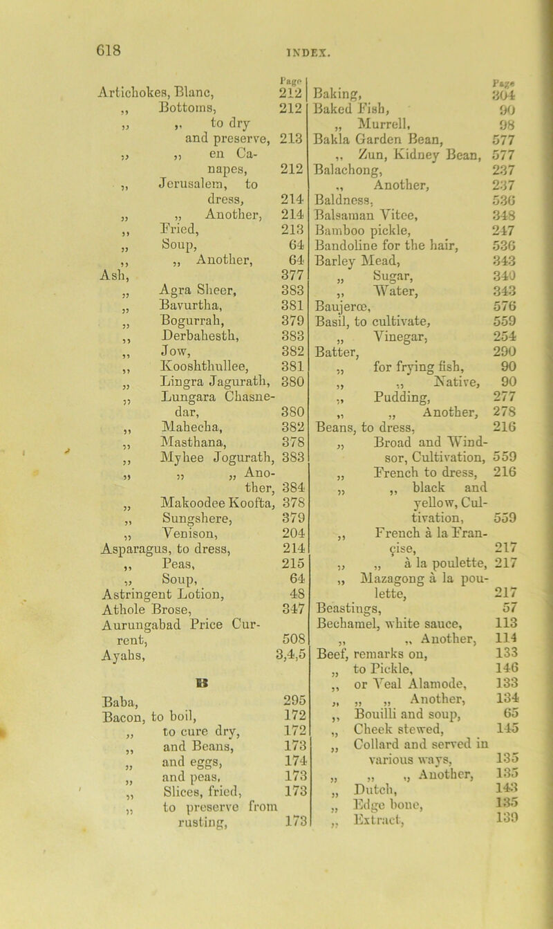 Artichokea, Blanc, ,, Bottoms, Asli, I’agp 212 212 ,, to dry and preserve, 213 ,, en Ca- napes, 212 Jerusalem, to dress, „ Another, Fried, Soup, ,, Another, JJ Agra Sheer, Bavurtha, Bogurrah, Derbahesth, Jow, Kooshthullee, Lingra Jagurath, 380 Lungara Chasne- dar, 380 Mahecha, 382 Masthana, 378 214 214 213 64 64 377 383 381 379 383 382 381 Page Baking, 304 Baked Fish, 00 „ Murrell, 08 Bakla Garden Bean, 577 „ Zun, Kidney Bean, 577 Balachong, 237 „ Another, 237 Baldness, 536 Balsaman Vitee, 348 Bamboo pickle, 247 Bandoline for the hair, 536 Barley Mead, 343 Sugar, 340 Water, 343 Baujeroe, 576 Basil, to cultivate, 559 „ Vinegar, 254 Batter, 290 „ for frying fish, 90 ,, Kative, 90 Pudding, 277 „ „ Another, 278 Beans, to dress, 216 „ Broad and Wind- 33 33 33 •,3 ,, Myhee Jogurath, 383 sor. Cultivation, 559 „ „ „ Ano- j j French to dress. 216 ther, 384 3) ,, black and „ Makoodee Koofta, 378 yellow. Cul- „ Sungshere, 379 tivation, 559 „ Venison, 204 35 French a la Fran- Asparagus, to dress. 214 9ise, 217 ,, Peas, 215 33 „ a la poulette. 217 „ Soup, _ 64 33 Mazagong a la pou- Astringent Lotion, 48 lette. 217 Athole Brose, 347 Beastings, 57 Aurungabad Price Cur- Bechamel, white sauce. 113 rent, 508 33 „ Another, 114 Ayahs, 3,4,5 Beef, remarks on, 133 5 j to Pickle, 146 U or Veal Alamode, 133 Baba, 295 „ „ Another, 134 Bacon, to boil. 172 33 Bouilli and soup, 65 „ to cure dry, 172 33 Cheek stewed, 145 ,, and Beans, 173 33 Collard and served in „ and eggs, 174 various ways, 135 „ and peas, 173 33 „ ,, Another, 135 „ Slices, fried. 173 33 Dutch, 14.3 „ to preserve from 33 Edge bone. 135 rusting, 173 3? Extract, 139