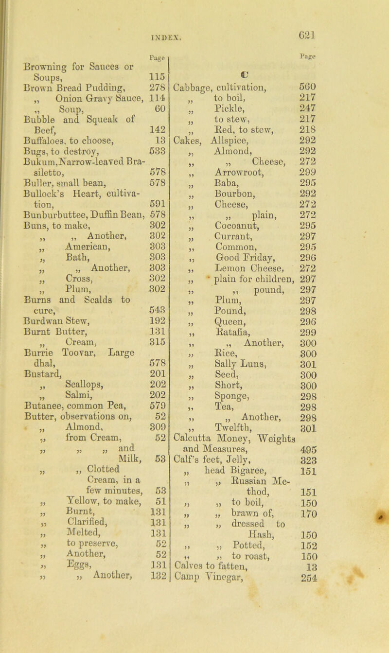 Browning for Sauces or Soups, Brown Bread Pudding, I’oge 115 278 V Cabbage, cultivation. Page 560 „ Onion Gravy Sauce, 114 )) to boil, 217 „ Soup, 60 3) Pickle, 247 Bubble and Squeak of 33 to stew. 217 Beef, 142 33 Bed, to stew. 218 Buflaloes, to cboose. 13 Cakes, Allspice, 292 Bugs, to destroy. 533 >3 Almond, 292 Bukum,Narrow-leaved Bra- >5 „ Cheese, 272 siletto, 578 39 Arrowroot, 299 Buller, small bean, 578 33 Baba, 295 Bullock’s Heart, cultiva- 33 Bourbon, 292 tion, 591 33 Cheese, 272 Bunbui’buttee, Duffin Bean, 578 93 „ plain. 272 Buns, to make. 302 33 Cocoanut, 295 „ „ Another, 302 33 Currant, 297 „ American, 303 39 Common, 295 „ Bath, 303 >3 Good Friday, 296 „ „ Another, 303 33 Lemon Cheese, 272 „ Cross, 302 33 ' plain for children. 297 „ Plum, 302 39 ,, pound. 297 Burns and Scalds to 33 Plum, 297 cure, Burdwan Stew, 543 33 Pound, 298 192 33 Queen, 296 Burnt Butter, 131 13 Batafia, 299 „ Cream, 315 39 „ Another, 300 Burrie Toovar, Large >} Bice, 300 dhal. 578 33 Sally Luns, 301 Bustard, 201 33 Seed, 300 „ Scallops, 202 31 Short, 300 „ Salmi, 202 31 Sponge, 298 Butanee, common Pea, Butter, observations on, 579 39 Tea, 298 52 39 „ Another, 298 „ Almond, 309 91 Twelfth, 301 „ from Cream, 52 Calcutta Money, Weights „ „ ,, and and Measures, 495 Milk, 53 Calf’s feet. Jelly, 323 „ „ Clotted 33 head Bigaree, 151 Cream, in a few minutes. 53 53 „ Bussian Me- thod, 151 „ Yellow, to make. 51 3) „ to boil. 150 „ Burnt, 131 33 „ brawn of. 170 „ Clarified, 131 33 „ dressed to „ Melted, 131 Hash, 150 „ to preserve, 52 39 „ Potted, 152 „ Another, 52 99 „ to roast. 150 Eggs, „ „ Another, 131 Calves to fatten. 13 132 Camp Vinegar, 254