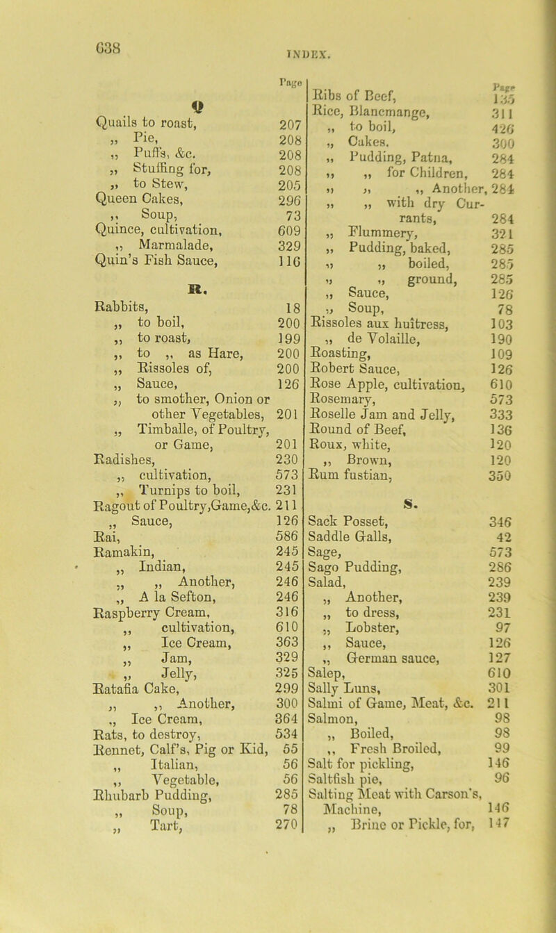 G38 INDEX. I'age Quails to roast, 207 Pie j, J. lU, 208 „ Puffs, &c. 208 „ Stuffing for. 208 „ to Stew, 205 Queen Cakes, 296 ,, Soup, 73 Quince, cultivation. 609 „ Marmalade, 329 Quin’s Fish Sauce, IIG R. Rabbits, 18 „ to boil. 200 ,, to roast. 199 „ to „ as Hare, 200 „ Rissoles of, 200 „ Sauce, 126 „ to smother, Onion or other Vegetables, 201 „ Timballe, of Poultrv, or Game, 201 Radishes, 230 „ cultivation, 573 „ Turnips to boil. 231 Ragout of Poultry,Game,&c. 211 „ Sauce, 126 Rai, 586 Ramakin, 245 „ Indian, 245 „ „ Another, 246 „ A la Sefton, 246 Raspberry Cream, 316 ,, cultivation, 610 ,, Ice Cream, 363 „ Jam, 329 „ Jelly, 325 Ratafia Cake, 299 „ ,, Another, 300 ., Ice Cream, 364 Rats, to destroy. 534 Rennet, Calf’s, Pig or Kid, 55 ,, Italian, 56 ,, A^egetable, 56 Rhubarb Pudding, 285 „ Soup, 78 „ Tart, 270 Ilibs of Beef, j;^.^ Kice, Blancmange, .311 „ to boil, „ Oakes. .300 „ Pudding, Patna, 284 ,, ,, for Children, 284 » „ Another, 284 „ „ with dry Cur- rants, 284 „ Flummery, 321 „ Pudding, baked, 285 M „ boiled, 285 „ ground, 285 „ Sauce, 12G ,, Soup, 78 Rissoles aux huitress, 103 „ de Volaille, 190 Roasting, 109 Robert Sauce, 126 Rose Apple, cultivation, 610 Rosemary, 573 Roselle Jam and Jelly, 333 Round of Beef, 136 Roux, white, 120 ,, Brown, 120 Rum fustian, 350 S. Sack Posset, 346 Saddle Galls, 42 Sage, 573 Sago Pudding, 286 Salad, 239 „ Another, 239 „ to dress, 231 „ Lobster, 97 ,, Sauce, 126 „ German sauce, 127 Salep, 610 Sally Luns, 301 Salmi of Game, IMeat, &c. 211 Salmon, 98 „ Boiled, 98 ,, Fresh Broiled, 99 Salt for pickling, 146 Saltfish pie, 96 Salting Meat with Carson's, Machine, 146 „ Brine or Pickle, for, 147