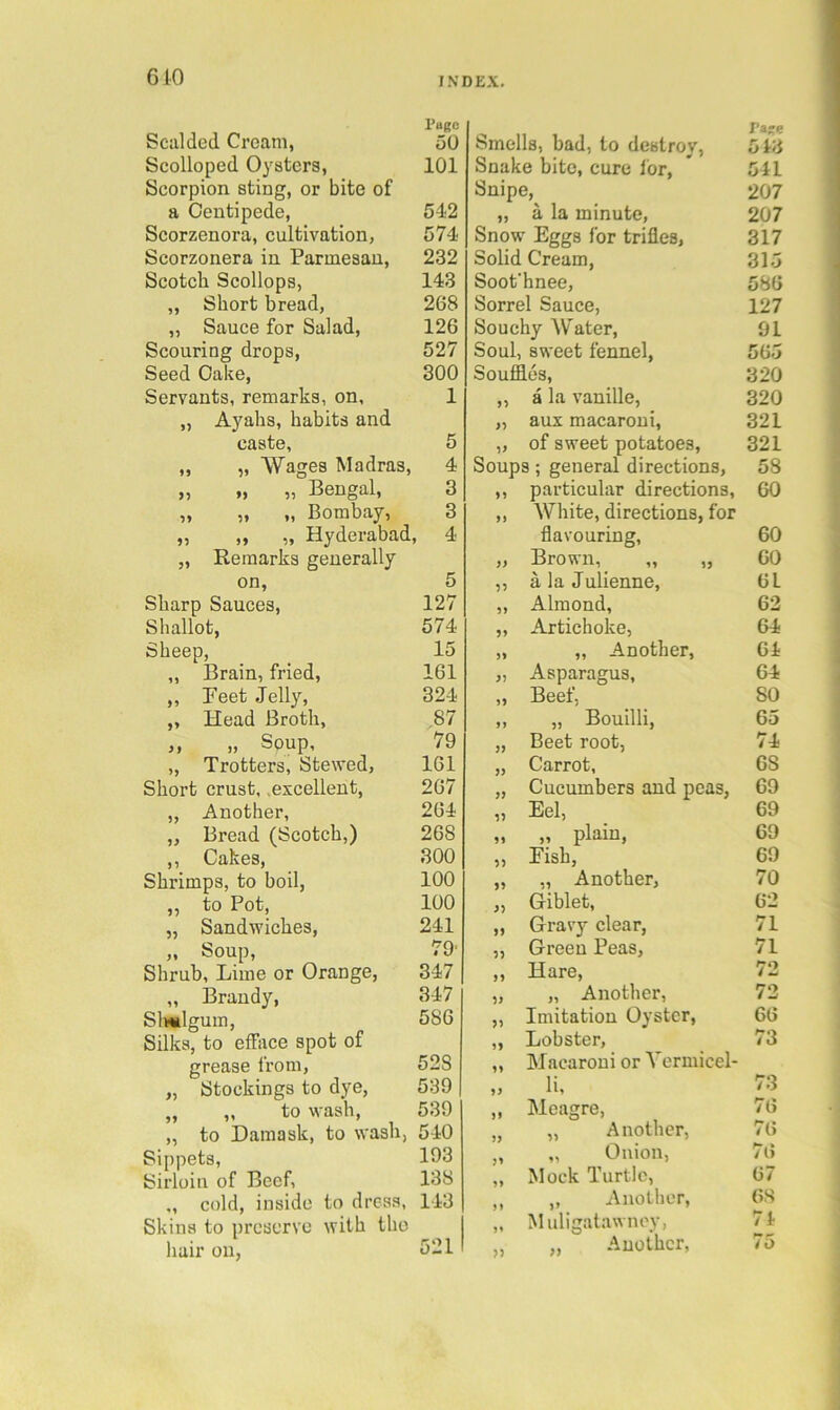 610 Pugc Scalded Cream, 50 Scolloped 03^sters, 101 Scorpion sting, or bite of a Centipede, 512 Scorzenora, cultivation, 574 Scorzonera in Parmesan, 232 Scotch Scollops, 143 ,, Short bread, 268 „ Sauce for Salad, 126 Scouring drops, 527 Seed Cake, 300 Servants, remarks, on, 1 „ Ayahs, habits and caste, 5 „ „ Wages Madras, 4 „ „ „ Bengal, 3 „ „ „ Bombay, 3 „ ,, „ Hyderabad, 4 „ Remarks generally on, 5 Sharp Sauces, 127 Shallot, 574 Sheep, 15 „ Brain, fried, 161 ,, Peet Jelly, 324 ,, Head Broth, 87 ,, „ Soup, 79 „ Trotters, Stewed, 161 Short crust, .excellent, 267 „ Another, 264 „ Bread (Scotch,) 268 ,, Cakes, 300 Shrimps, to boil, 100 ,, to Pot, 100 „ Sandwiches, 241 „ Soup, 79' Shrub, Lime or Orange, 347 ,, Brandy, 347 Stwlgum, 586 Silks, to efface spot of grease from, 528 „ Stockings to dye, 539 „ „ to wash, 539 „ to Damask, to wash, 540 Sippets, 193 Sirloin of Beef, 138 „ cold, inside to dress, 143 Skins to preserve with tho hair on, 521 Smells, bad, to destroy, rage 543 Snake bite, cure lor, 541 Snipe, 207 „ a la minute, 207 Snow Eggs for trifles. 317 Solid Cream, 315 Soofhnee, 586 Sorrel Sauce, 127 Souchy Water, Soul, sweet fennel, 91 565 Souffles, 320 ,, a la vanille. 320 „ aux macaroni. 321 „ of sweet potatoes. 321 Soups; general directions. 58 ,, particular directions, ,, White, directions, for 60 flavouring. 60 „ Brown, „ „ 60 ,, a la Julienne, 6L „ Almond, 62 „ Artichoke, 64 „ „ Another, 64 „ Asparagus, 64 „ Beef, SO ,, „ Bouilli, 65 „ Beet root, 74 „ Carrot, 68 „ Cucumbers and peas, 69 „ Eel, 69 „ „ plain, 69 „ Eish, 69 „ „ Another, 70 „ Giblet, 62 „ Gravy clear. 71 „ Green Peas, 71 ,, Hare, 72 „ „ Another, 72 ,, Imitation Oyster, 66 „ Lobster, „ Macaroni or A'ermicel- 73 ,> li, 73 „ Meagre, 76 „ „ Another, 76 „ „ Onion, 76 „ Mock Turtle, 67 „ „ Another, 6S „ Muligatawney, 74 „ „ Another, 75